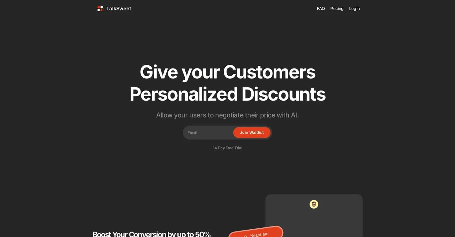 TalkSweet homepage screenshot — Boost sales with AI-powered price negotiations