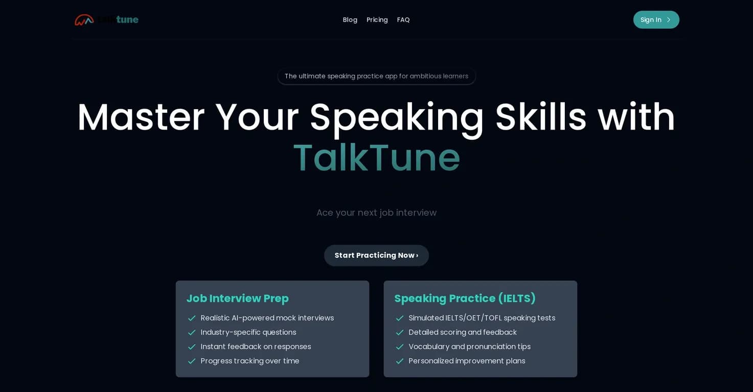 TalkTune homepage screenshot — Master your speaking skills for interviews and tests