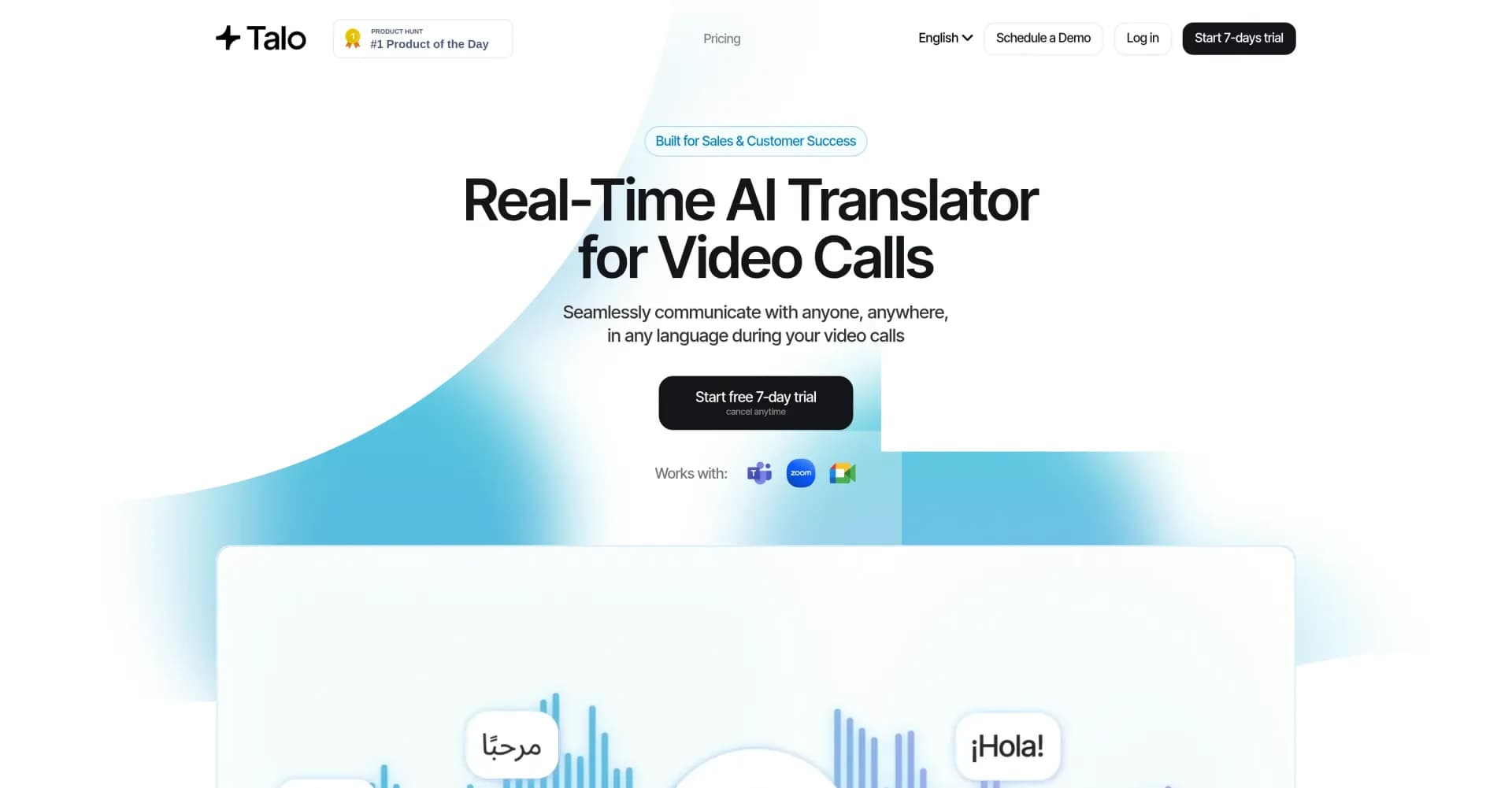 Talo homepage screenshot — Break language barriers in video calls with real-time AI tra