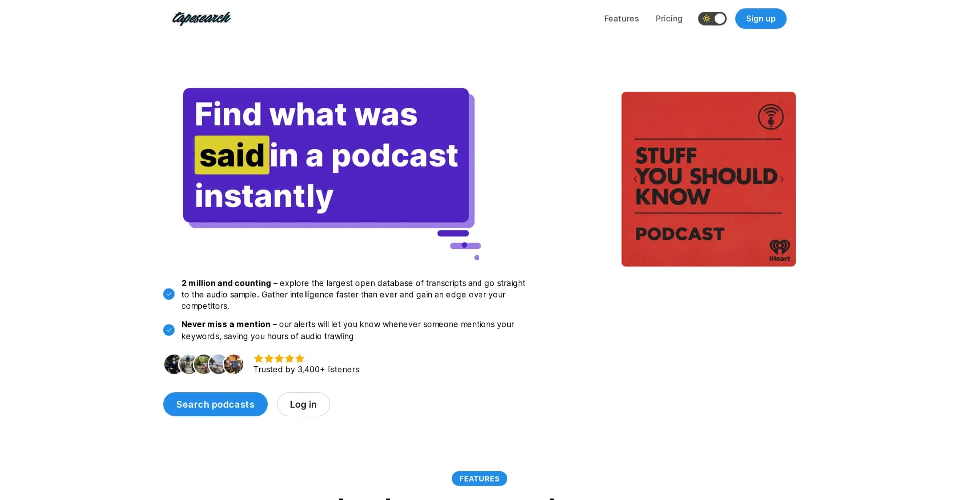 Tapesearch homepage screenshot — Find what was said in a podcast instantly.