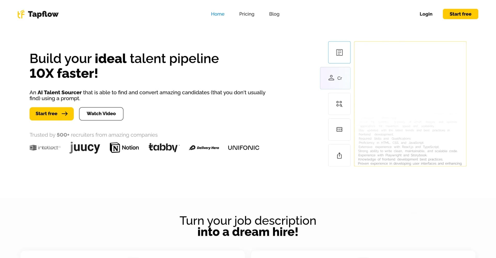 Tapflow homepage screenshot — AI talent sourcing from job description to pipeline in minut