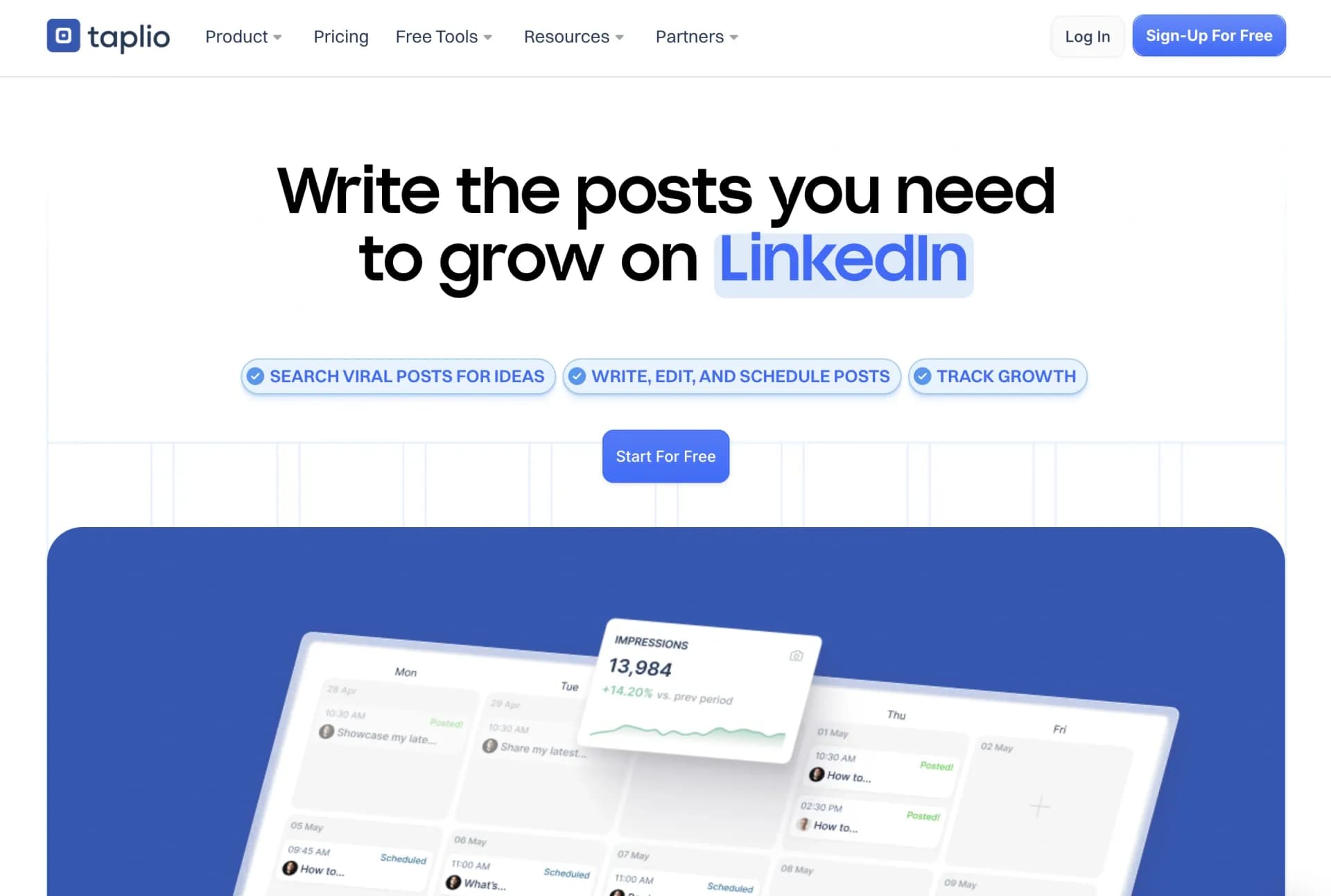 Tapliov2025.4 homepage screenshot — Leverage AI to grow on LinkedIn