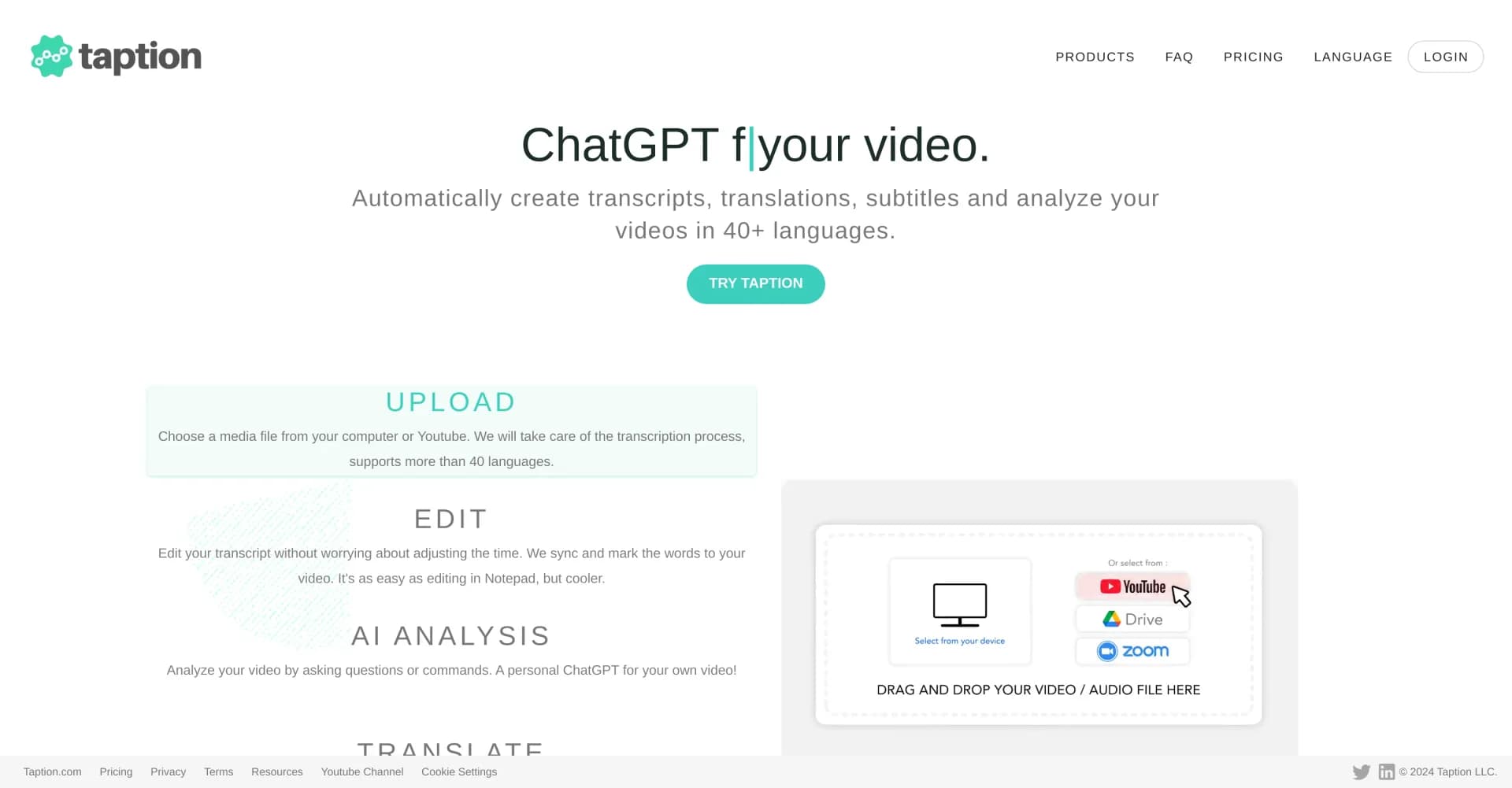 Taption homepage screenshot — Convert audio and video to text in 40+ languages.
