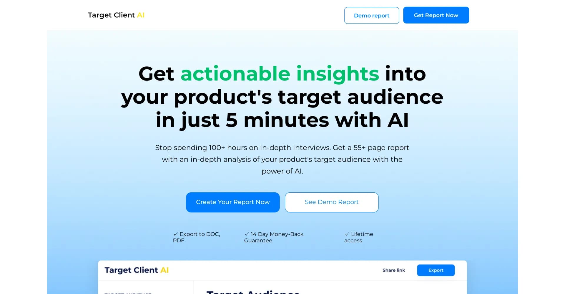 Target Client AI homepage screenshot — Understand your target audience in minutes with AI