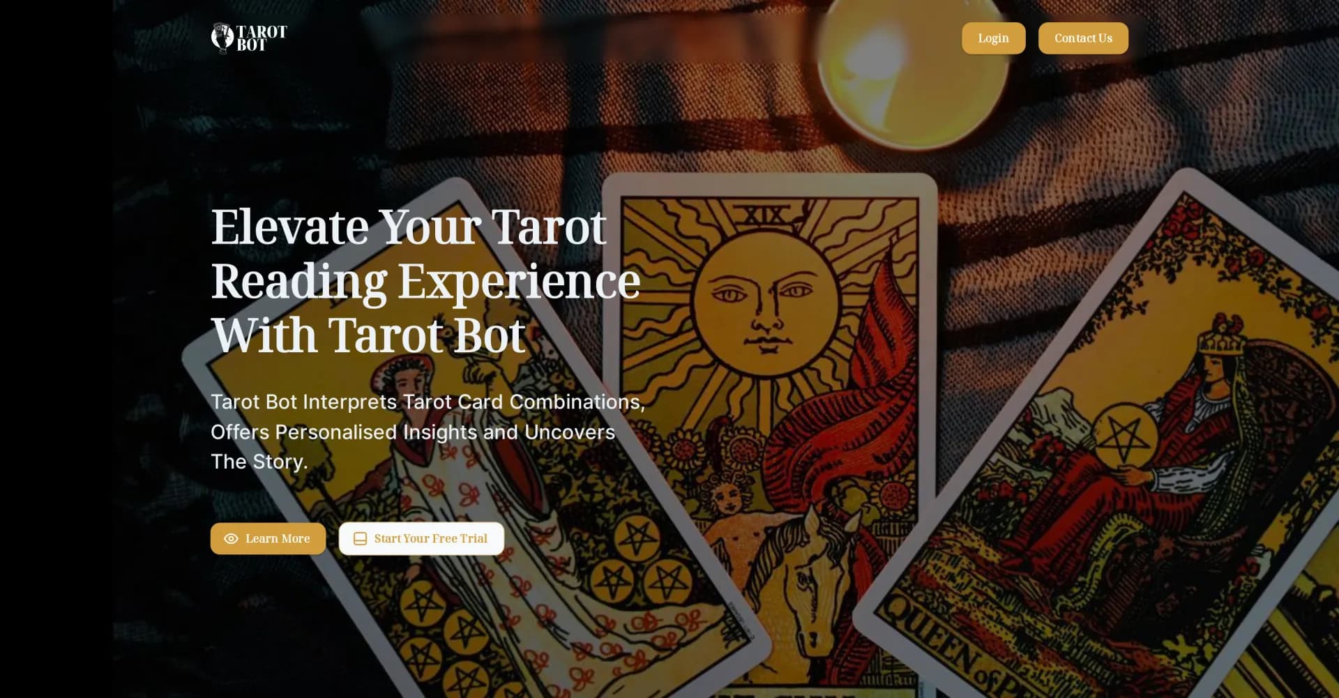 TarotBot homepage screenshot — Elevate your tarot reading experience with Tarot Bot.