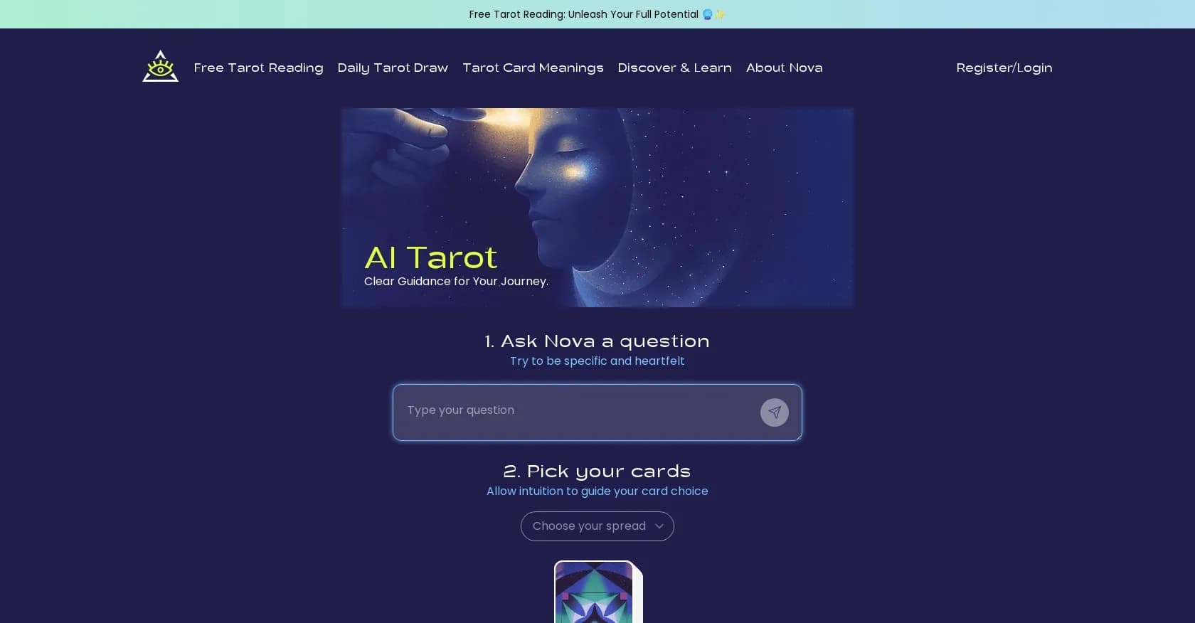 Tarotnova homepage screenshot — AI-powered Tarot for clear guidance on your journey.