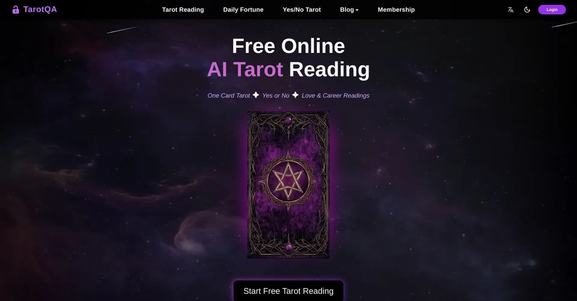 TarotQA homepage screenshot — AI tarot readings that reveal your destiny.