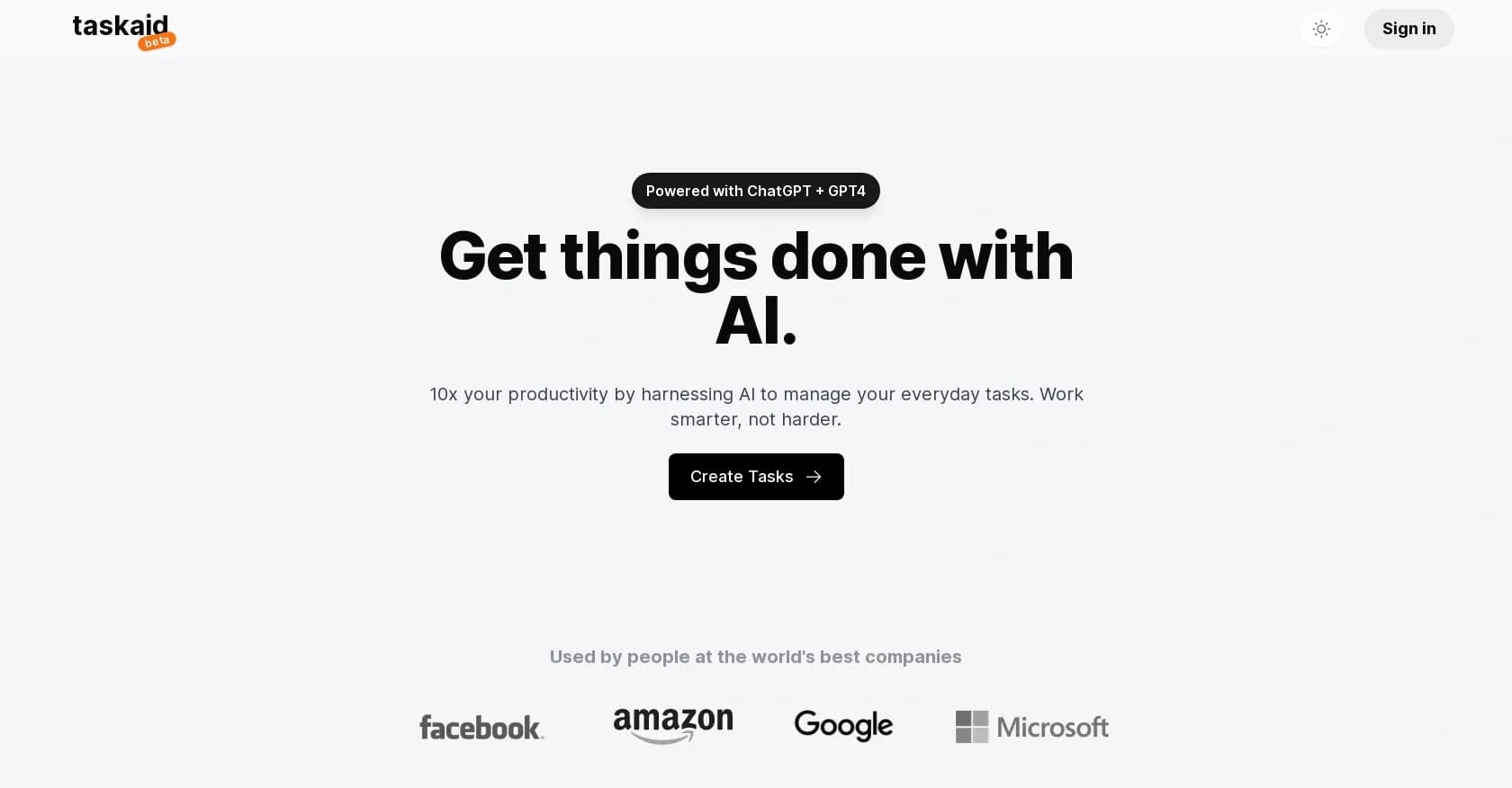Taskaid homepage screenshot — AI-powered task management for 10x productivity.
