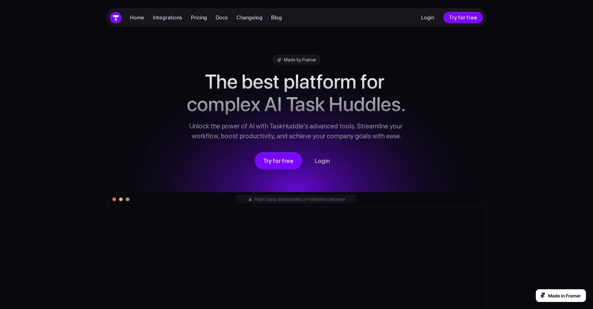 Taskhuddle homepage screenshot — Unlock AI power for streamlined business workflows.