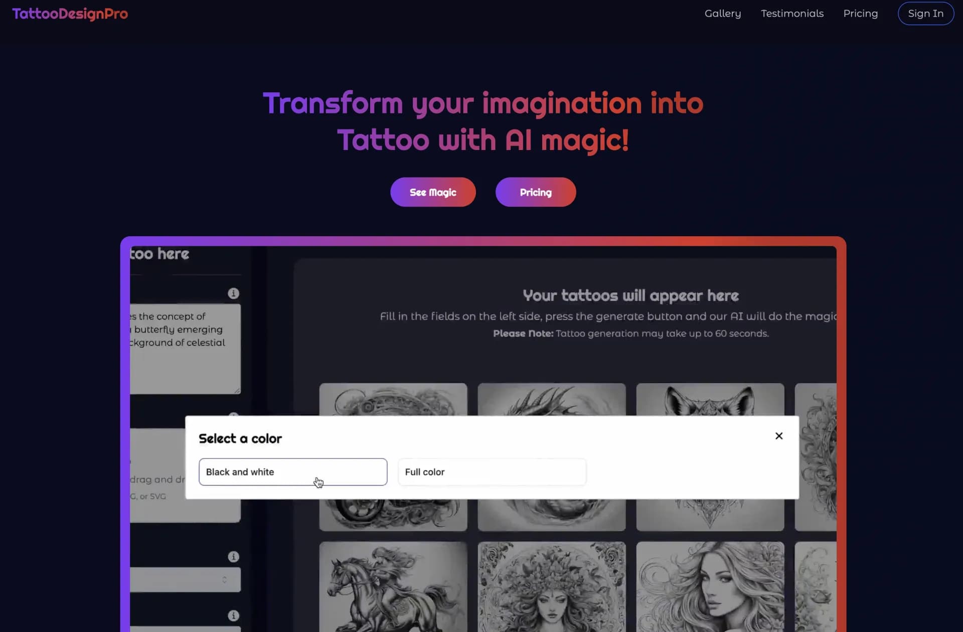 TattooDesignPro homepage screenshot — Transform imagination into stunning tattoos with AI magic