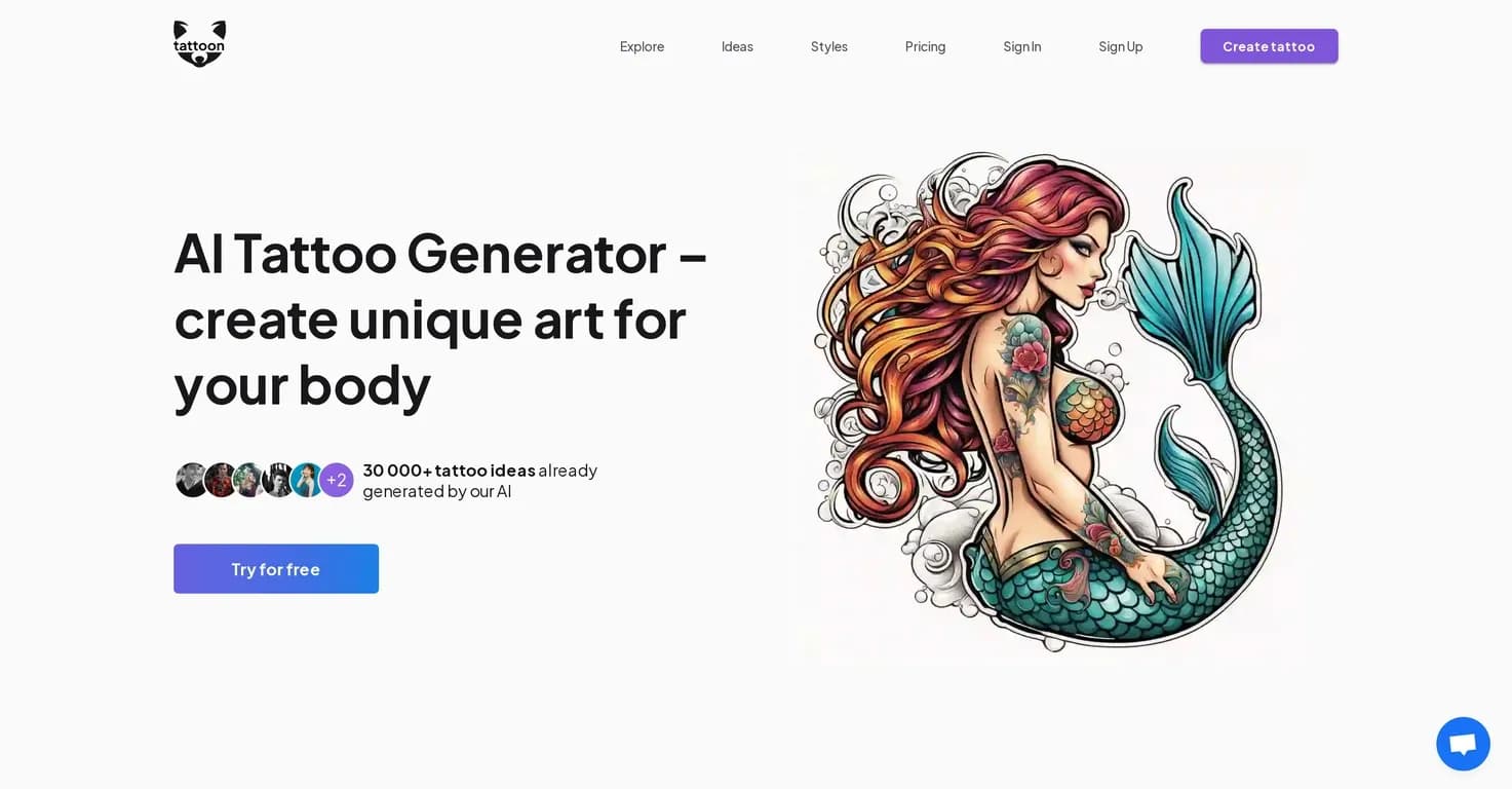 Tattoon homepage screenshot — AI-generated custom tattoo designs in seconds