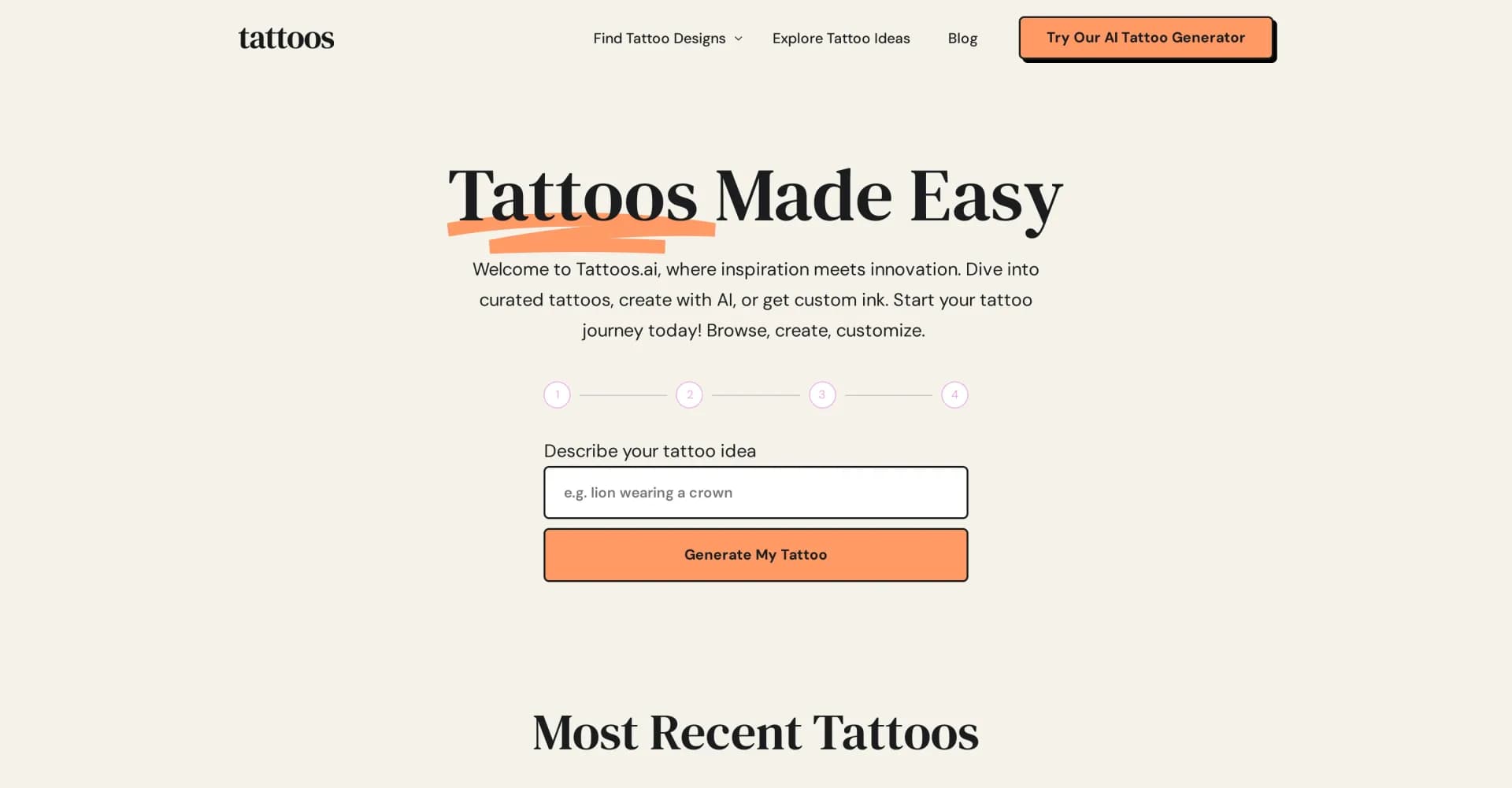 Tattoos.ai homepage screenshot — Discover your dream tattoo with AI-powered inspiration.