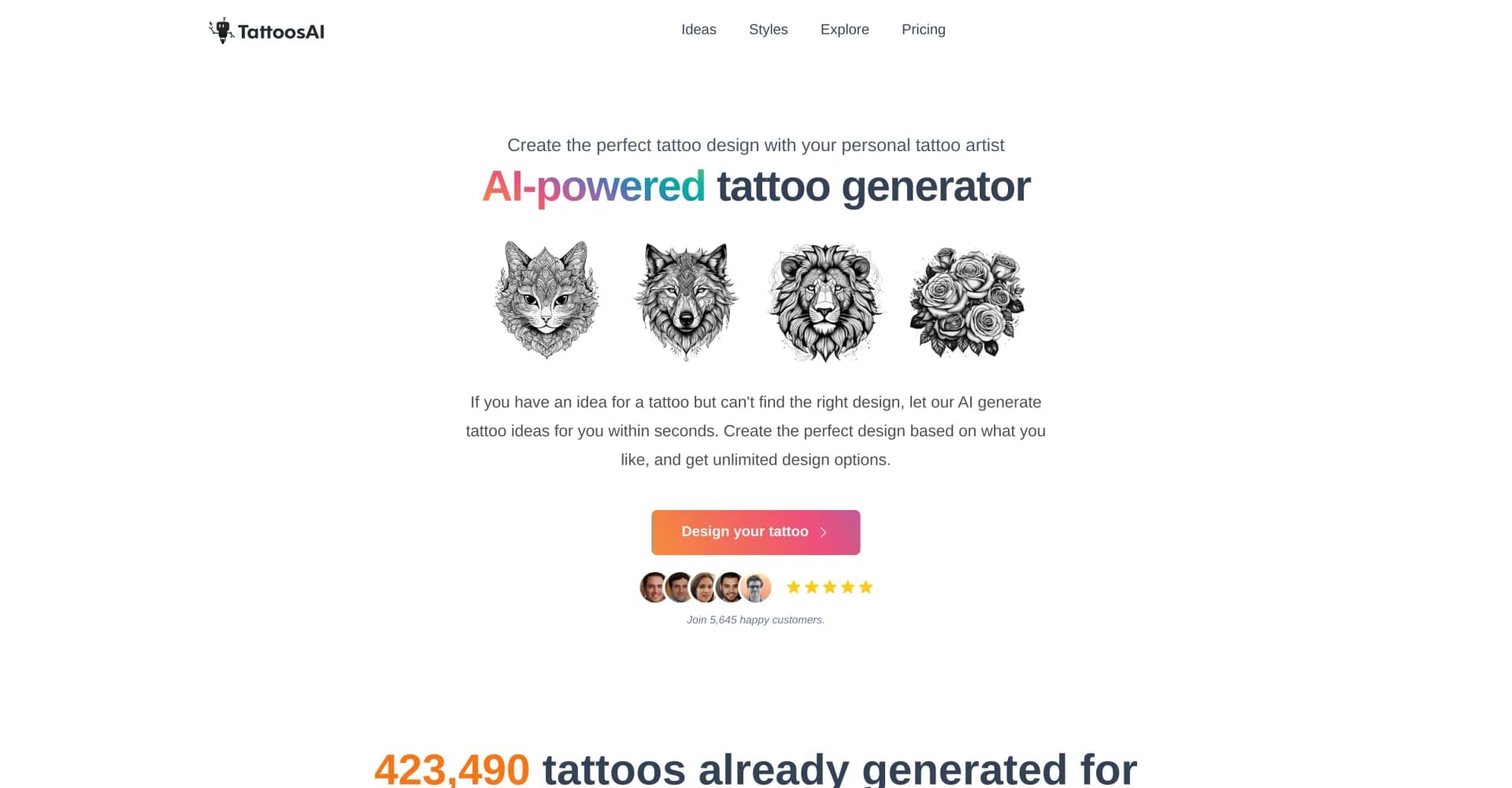 TattoosAI homepage screenshot — Generate custom tattoo designs in seconds with AI