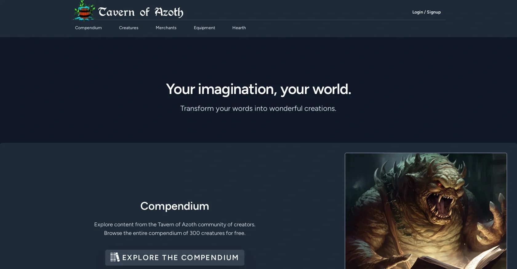 Tavern of Azoth homepage screenshot — Transform words into wonderful RPG creations.