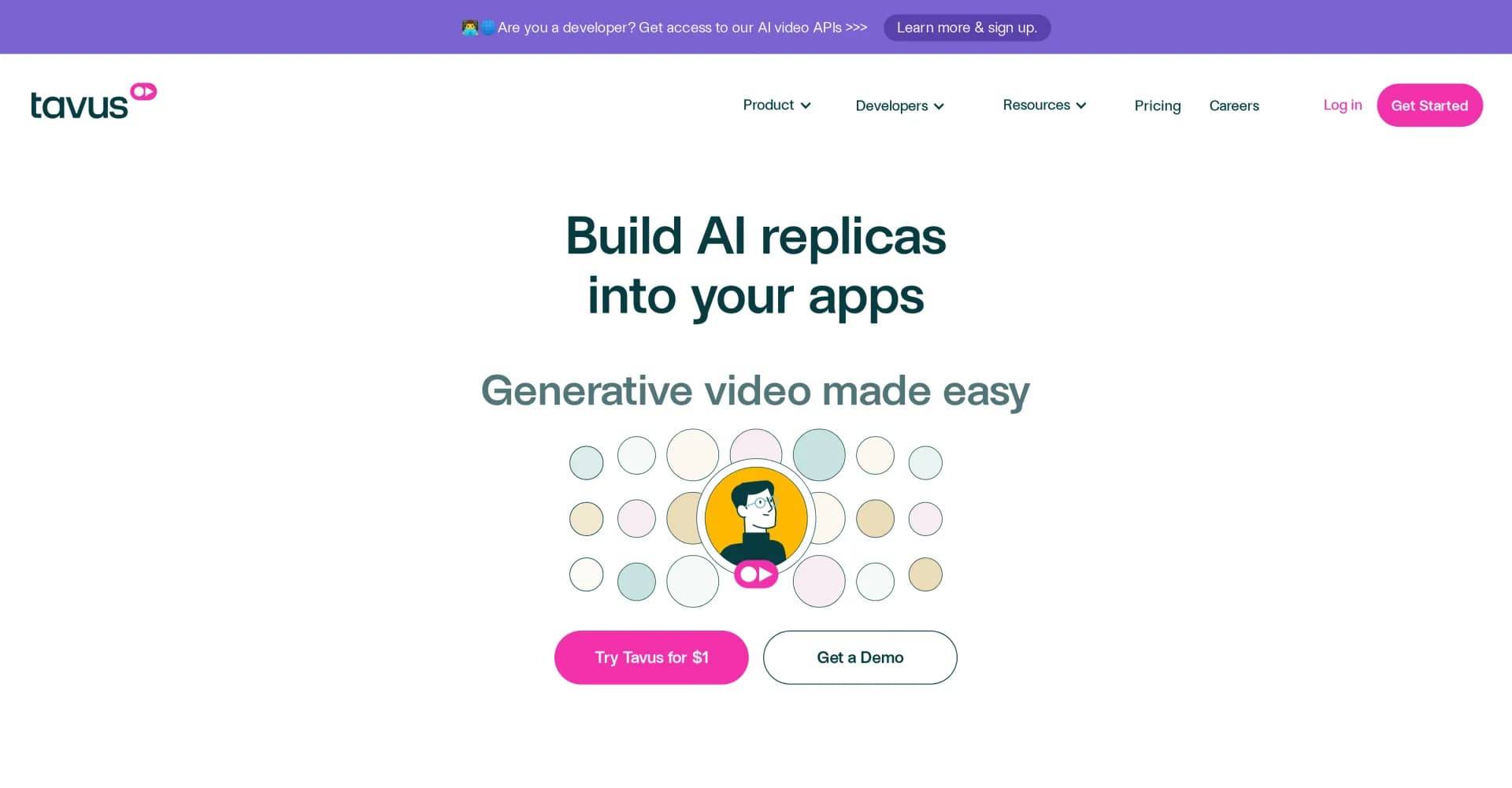 Tavus homepage screenshot — Add AI video replicas to your app effortlessly