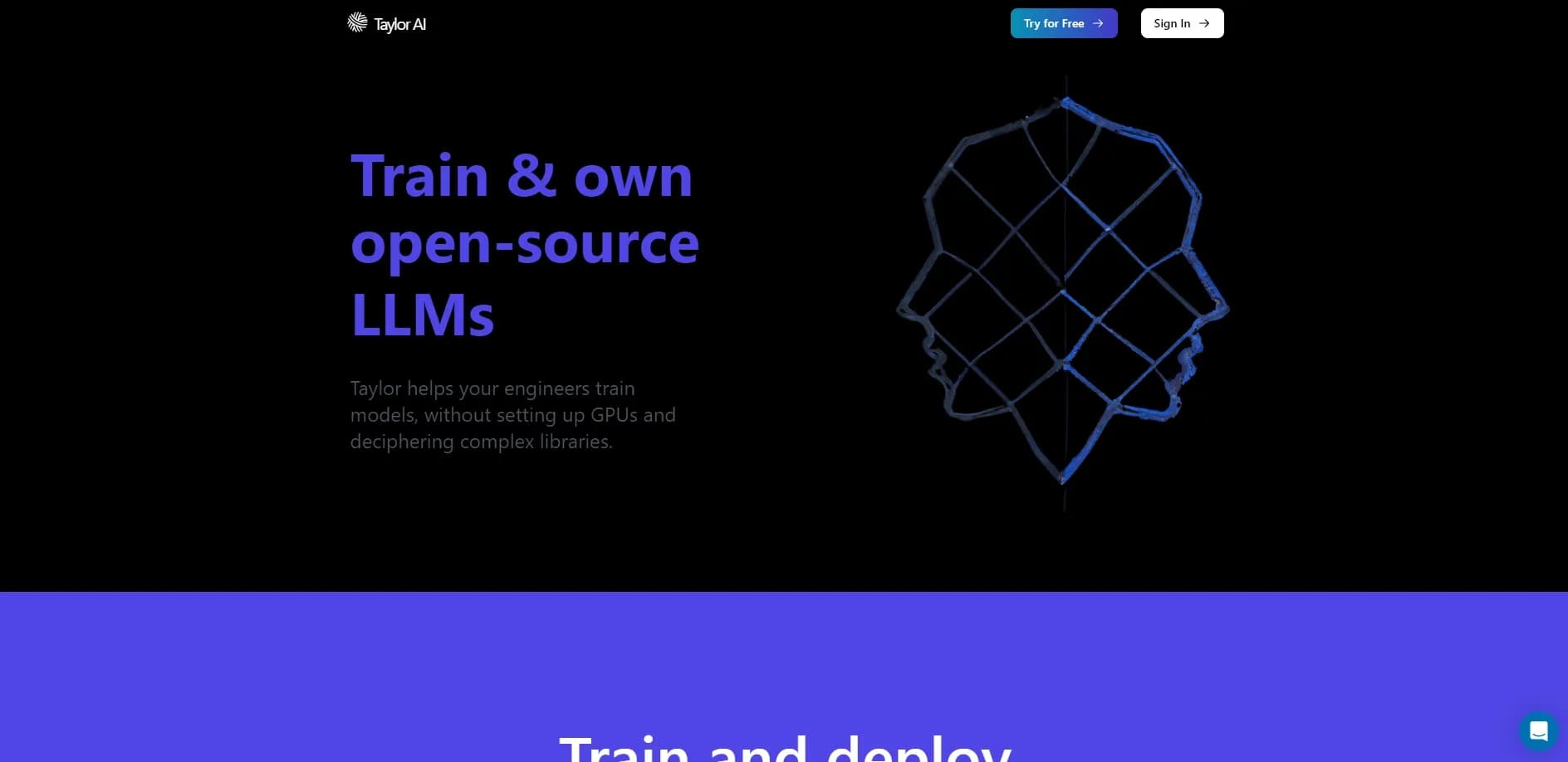 TaylorAI homepage screenshot — Train and deploy open-source LLMs effortlessly