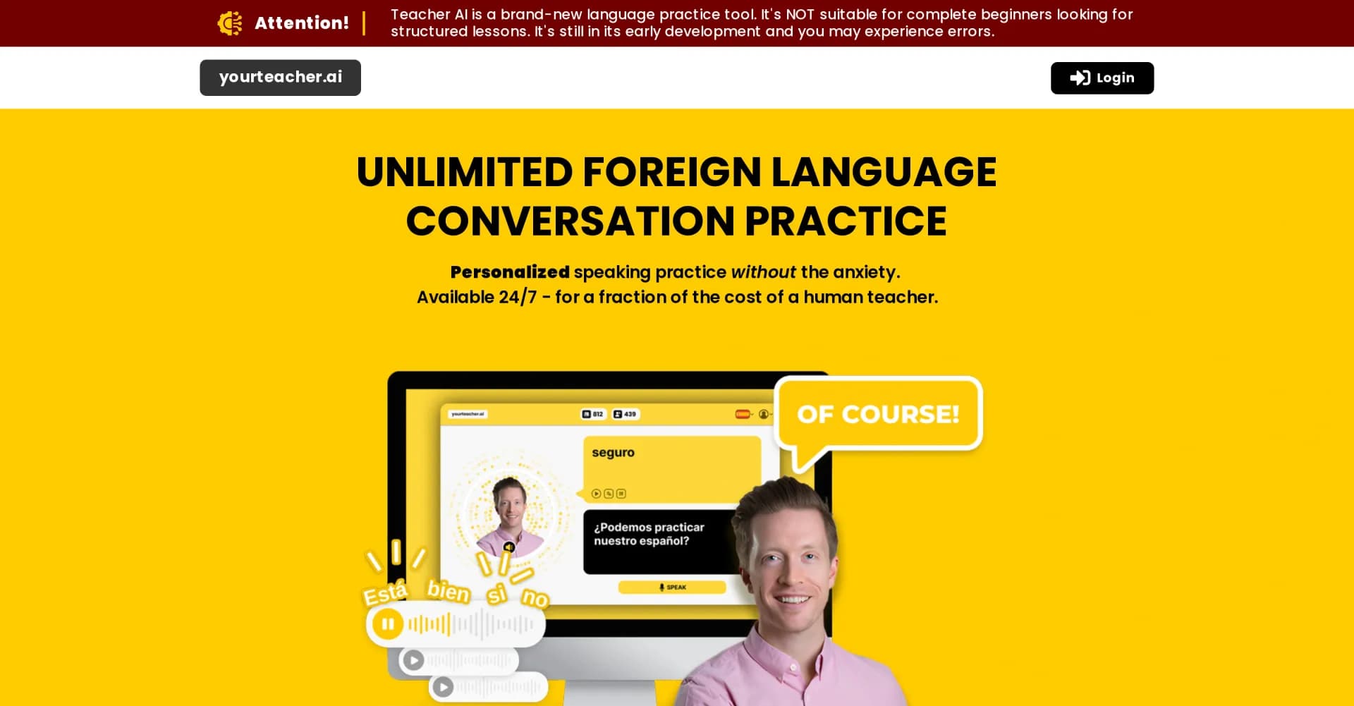 Teacher AI homepage screenshot — Your personal AI language tutor for unlimited conversation p