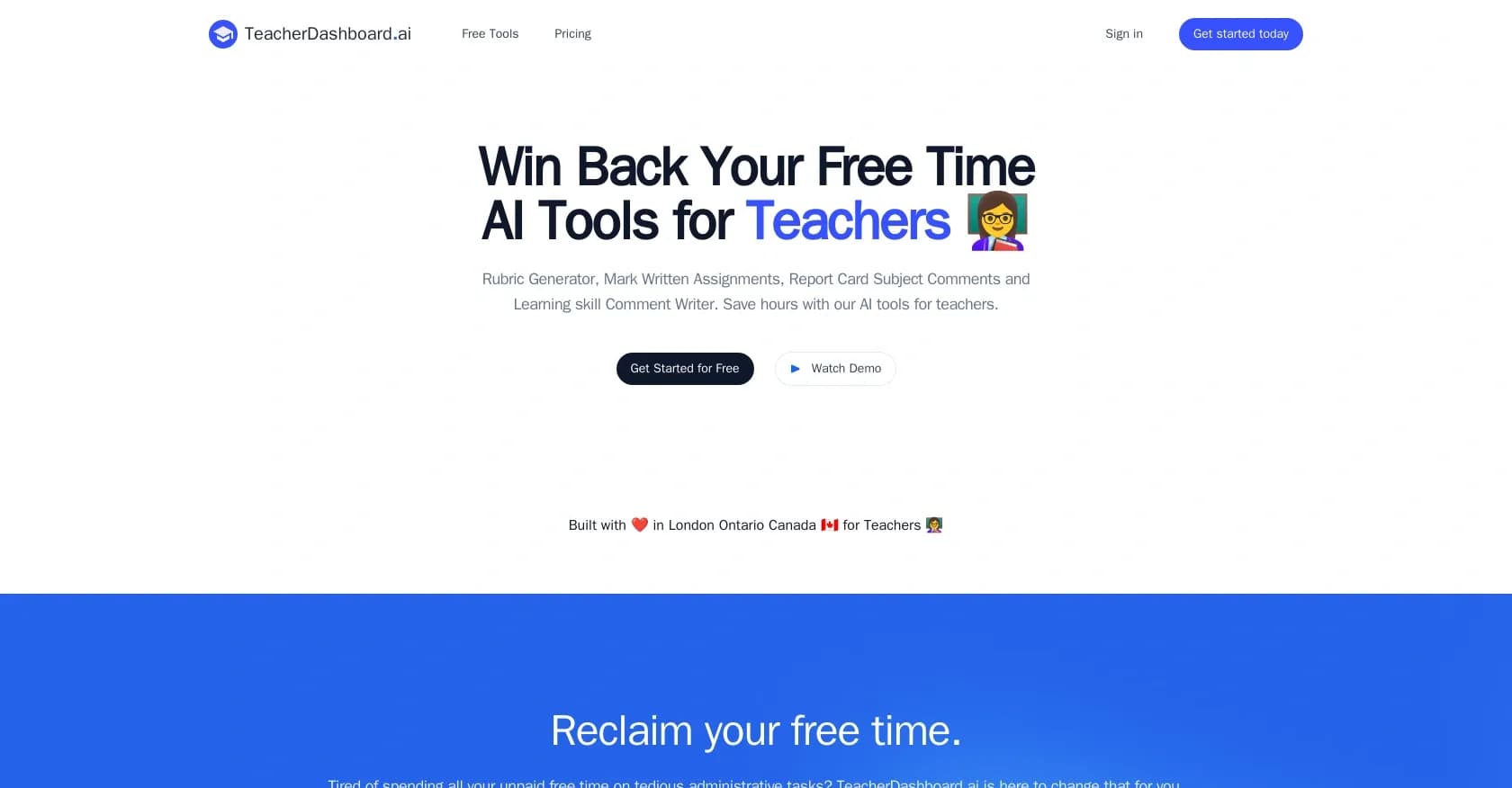 TeacherDashboard homepage screenshot — AI tools to save teachers hours on admin tasks.