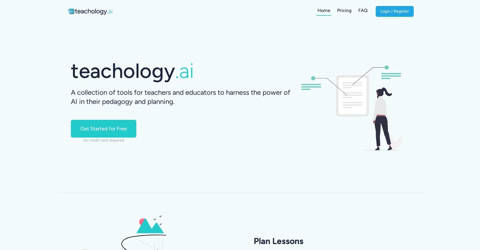 Teachology homepage screenshot — AI-powered lesson planning for educators