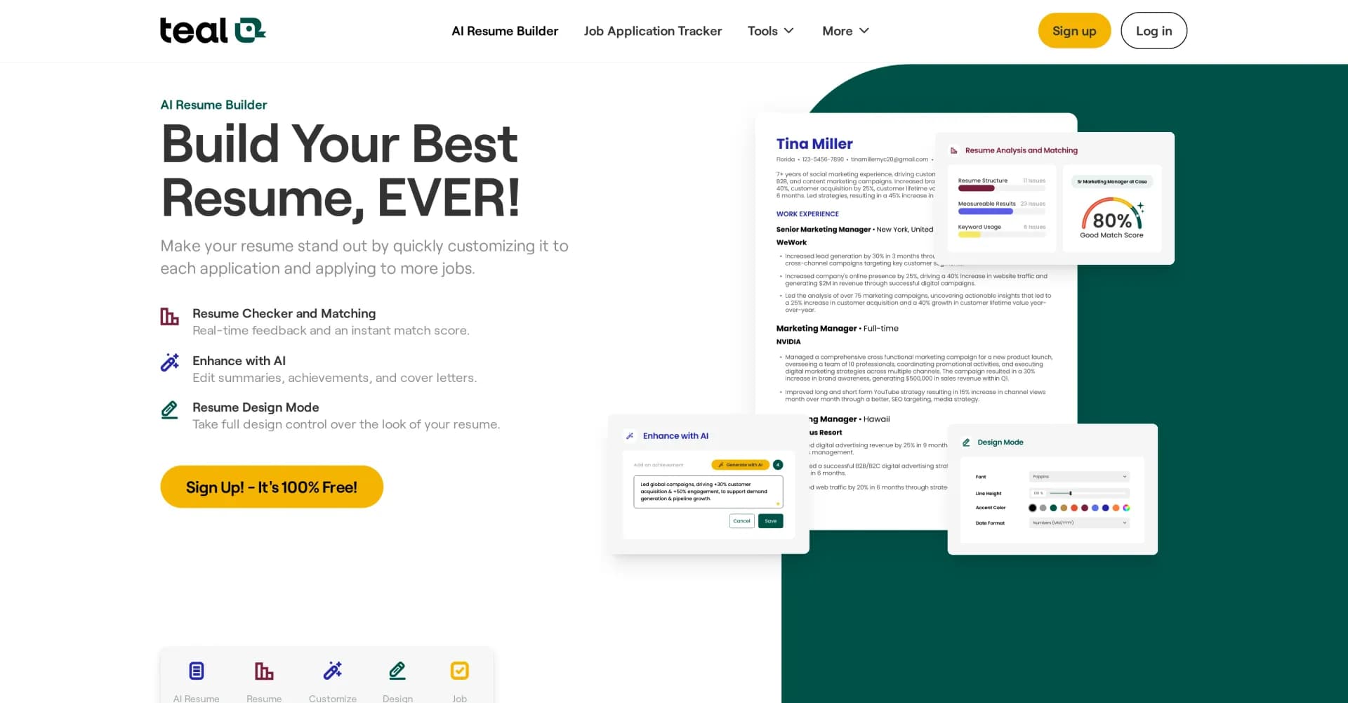 Teal Resume Builder homepage screenshot — Create a standout resume with AI in minutes