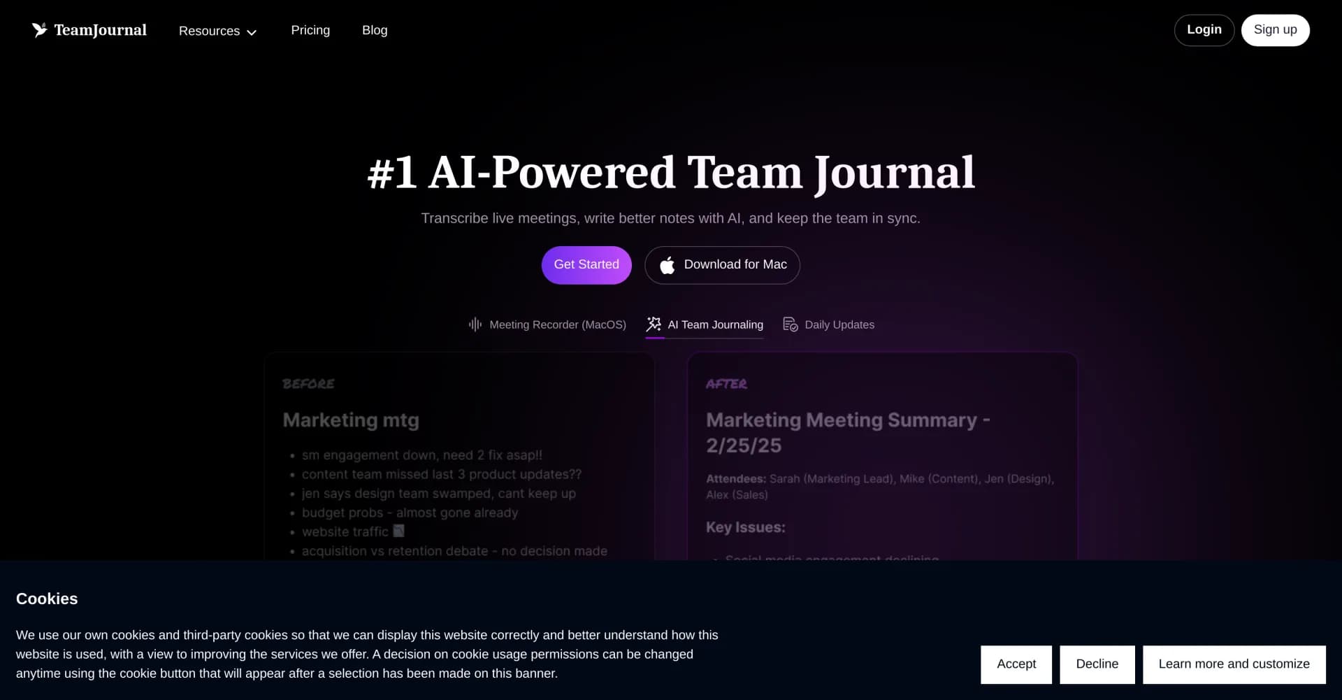 Team Journal homepage screenshot — AI-powered team journaling to keep everyone in sync.