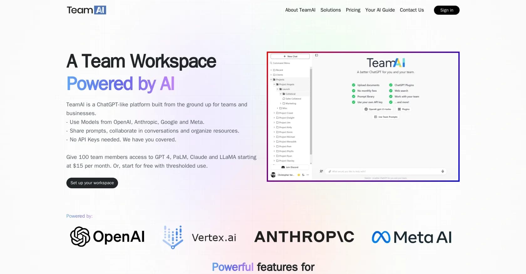 TeamAI homepage screenshot — Collaborative AI workspace for teams and businesses