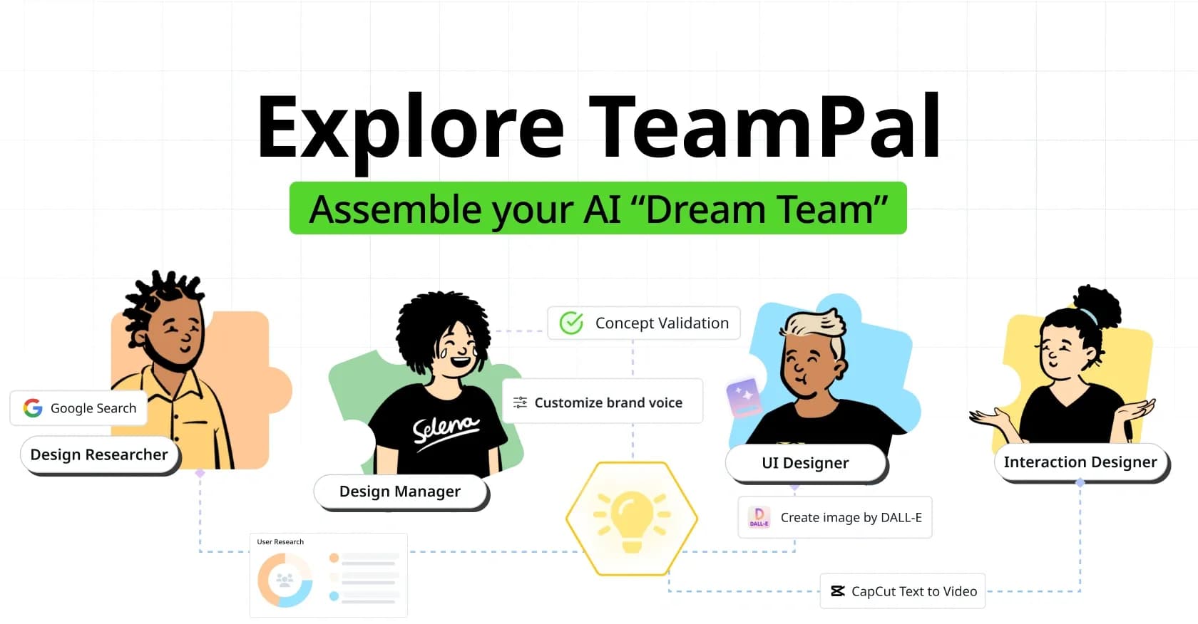 TeamPal homepage screenshot — Assemble a tailored AI team without any coding & complexity.