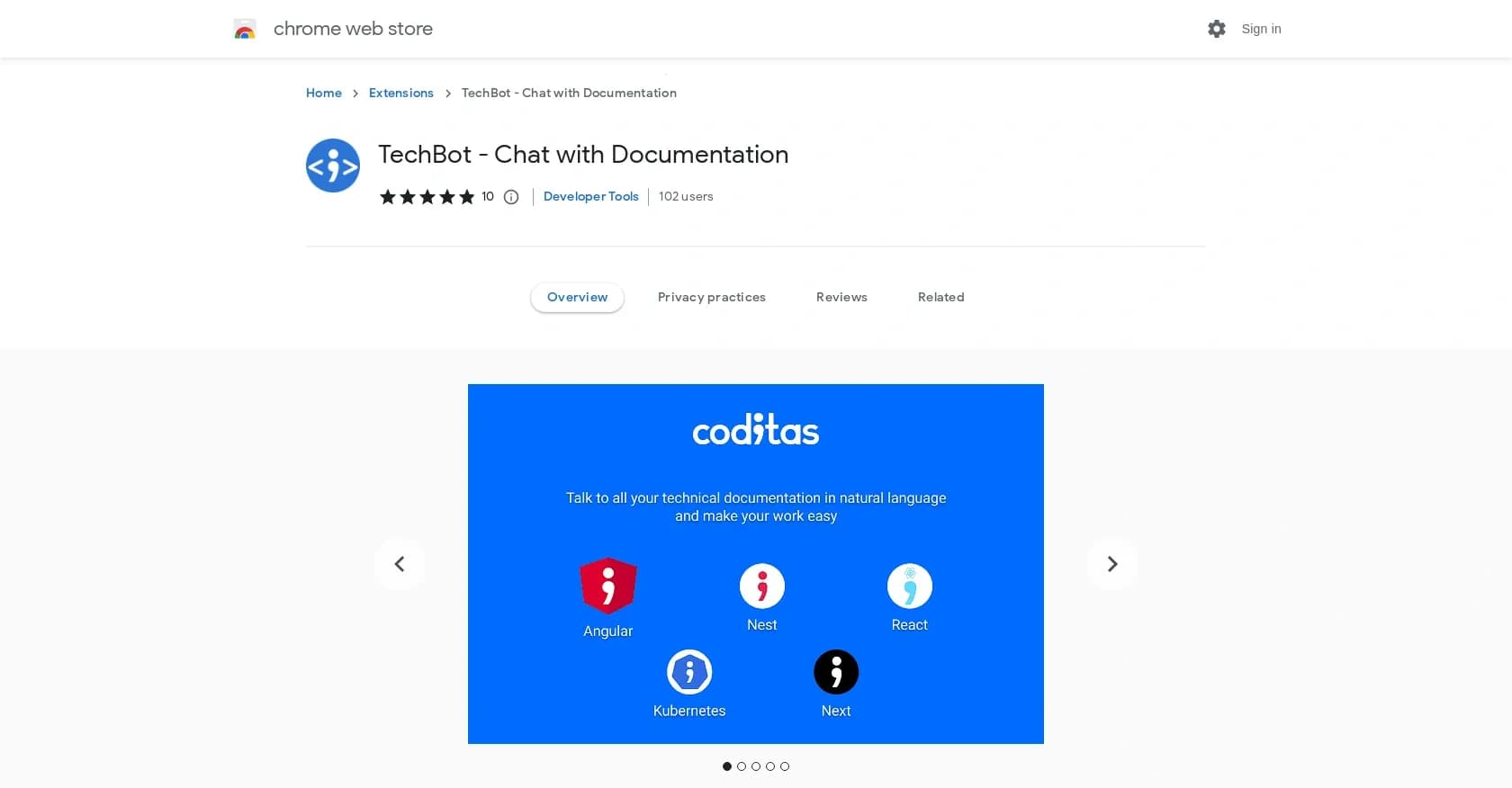 TechBot homepage screenshot — Simplified tech doc search assistant for developers.