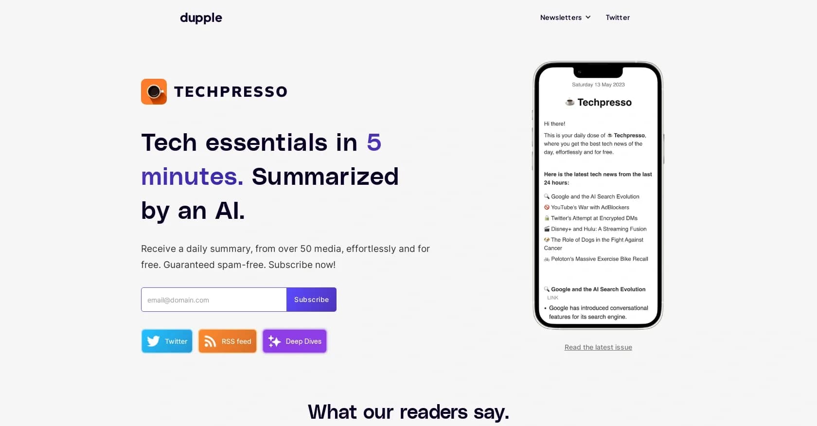 Techpresso homepage screenshot — Tech essentials in 5 minutes, AI-summarized daily.