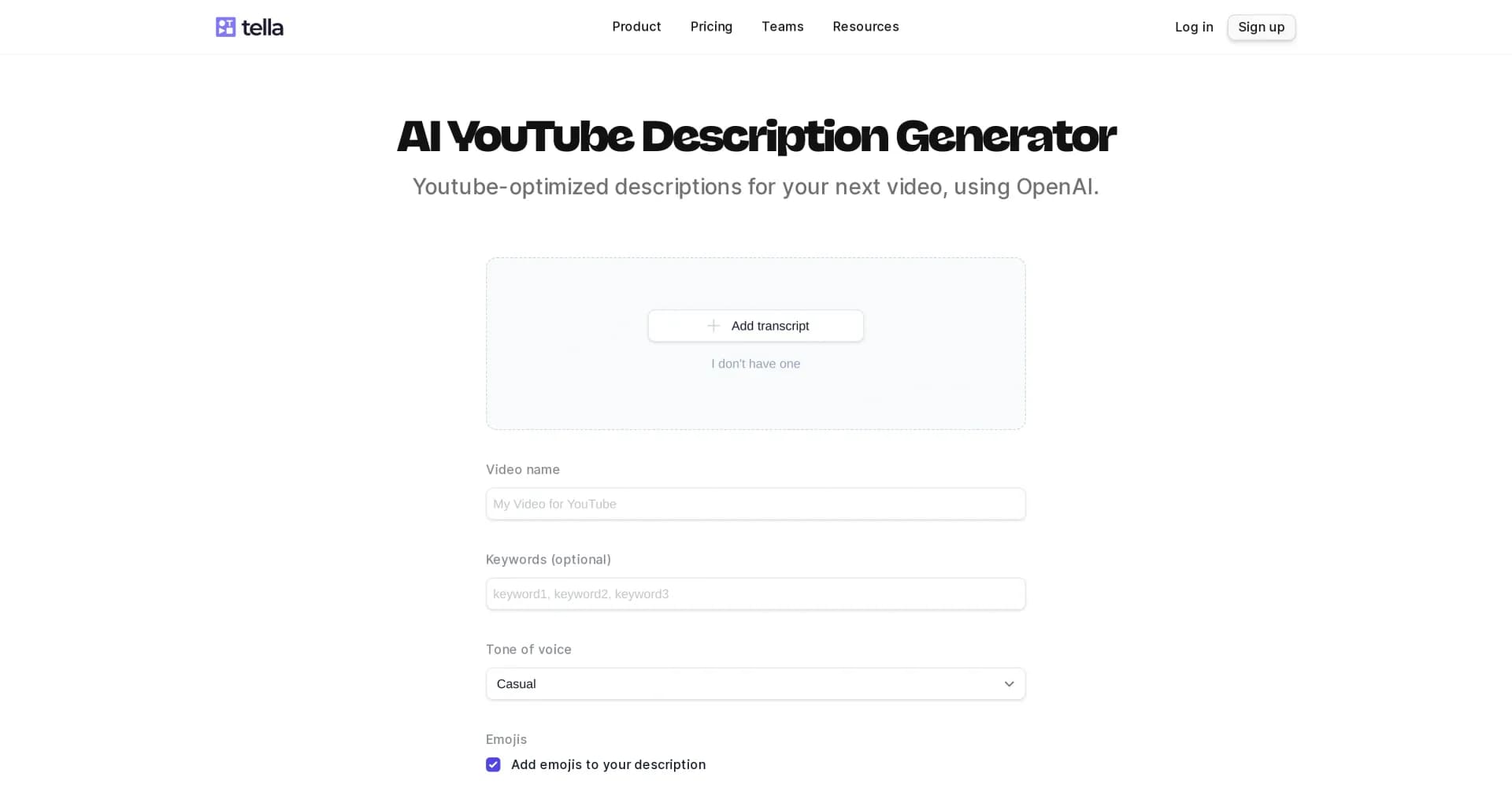 Tella homepage screenshot — Generate YouTube-optimized descriptions instantly