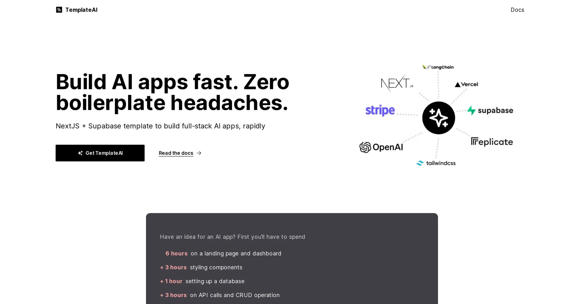 TemplateAI homepage screenshot — Build full-stack AI apps rapidly, without boilerplate hassle