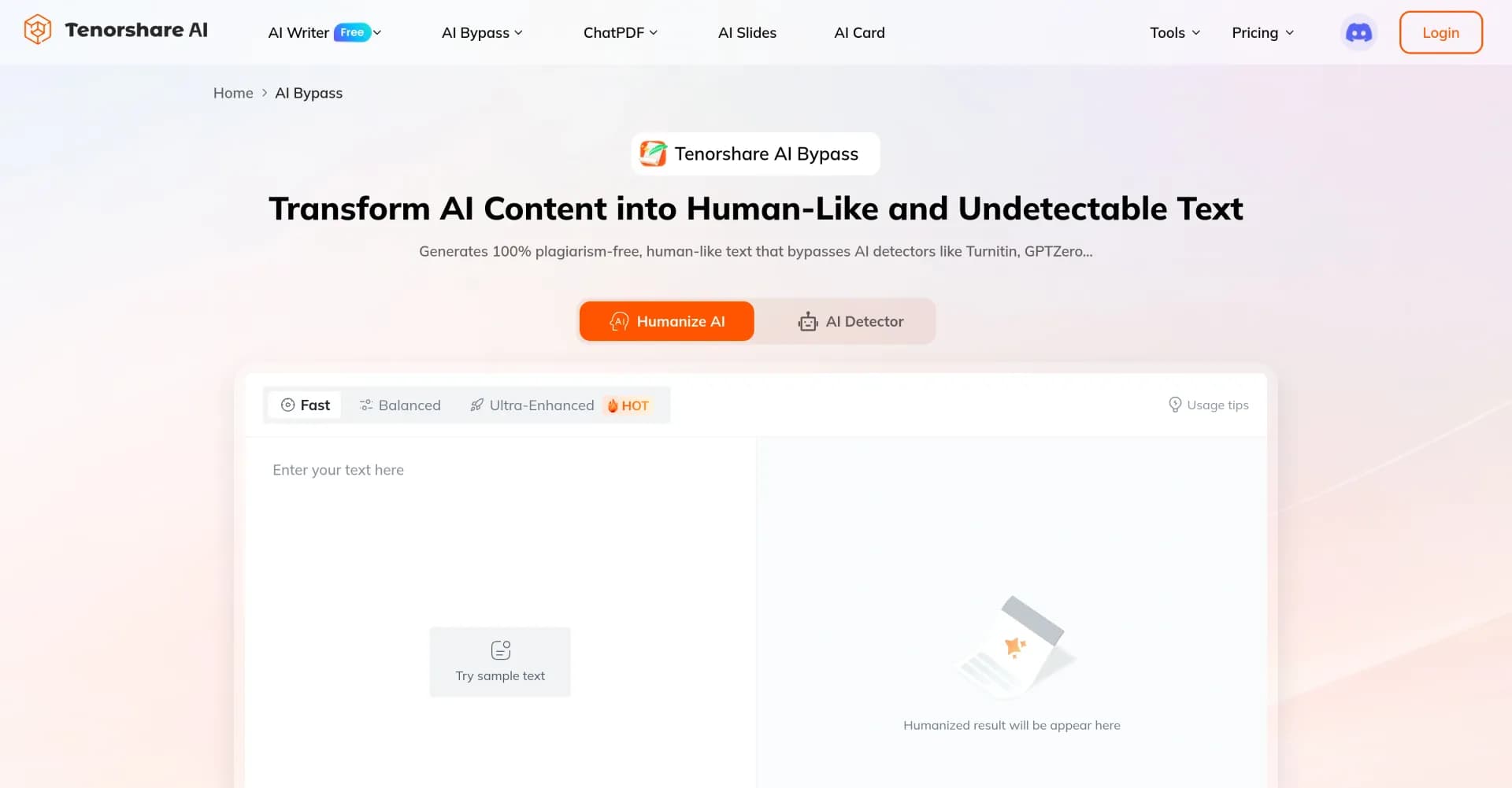 Tenorshare AI Bypass homepage screenshot — Transform AI content into undetectable human-like text