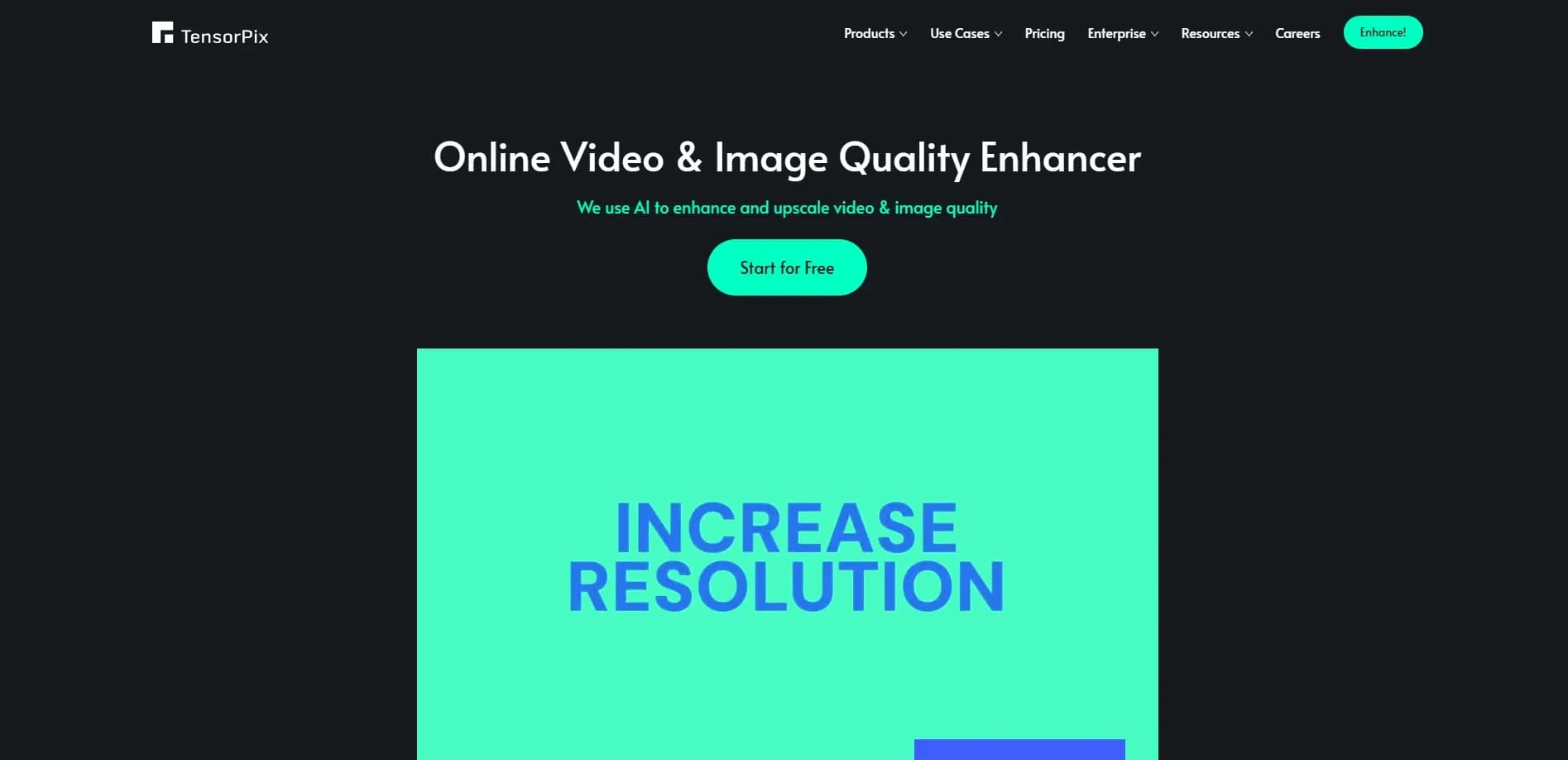 TensorPix homepage screenshot — Online Video & Image Quality Enhancer