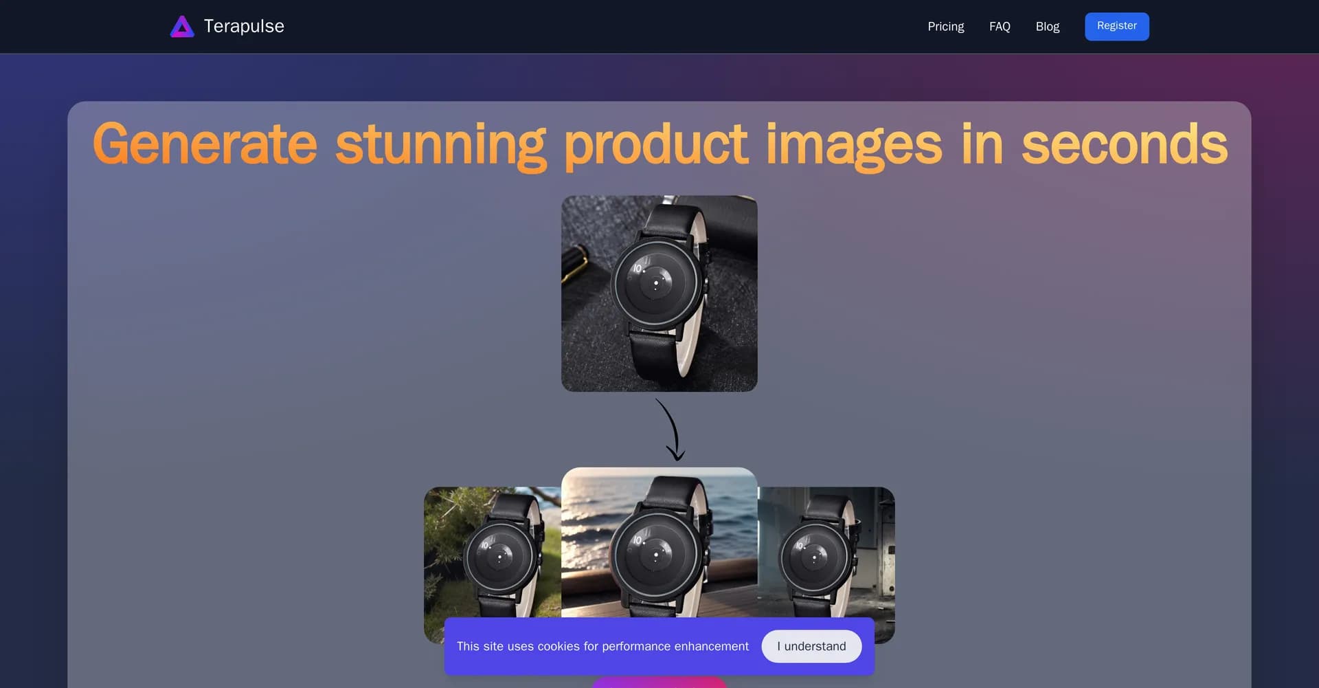 Terapulse homepage screenshot — Generate stunning product images in seconds