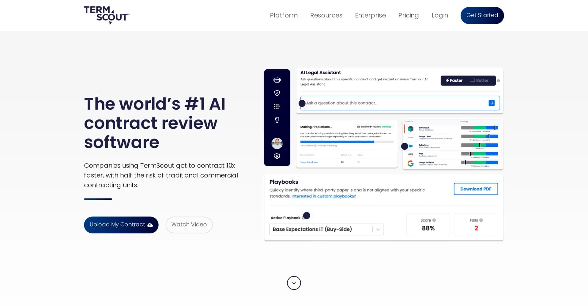 TermScout homepage screenshot — AI-powered contract reviews backed by market data.