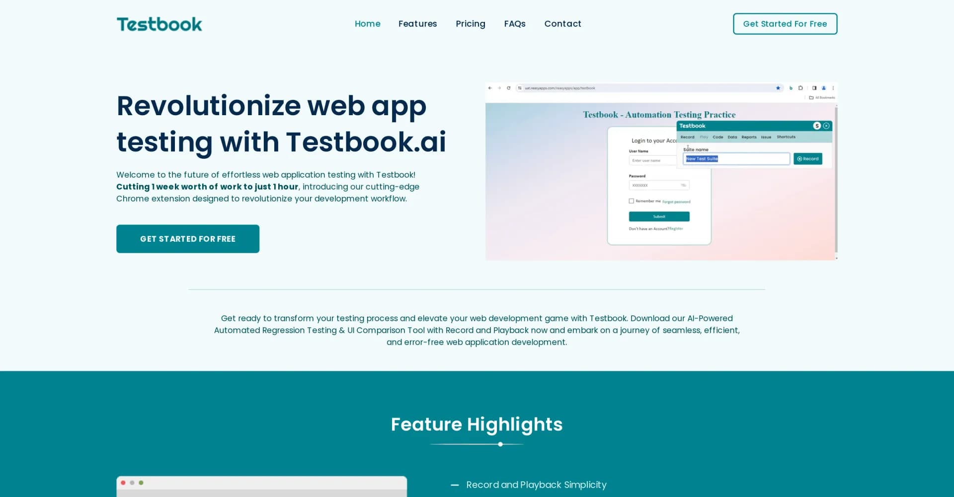 Testbook homepage screenshot — AI-driven web app testing for effortless regression and UI t