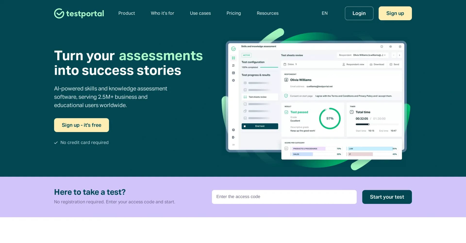 Testportal homepage screenshot — Create online tests, quizzes and exams effortlessly.