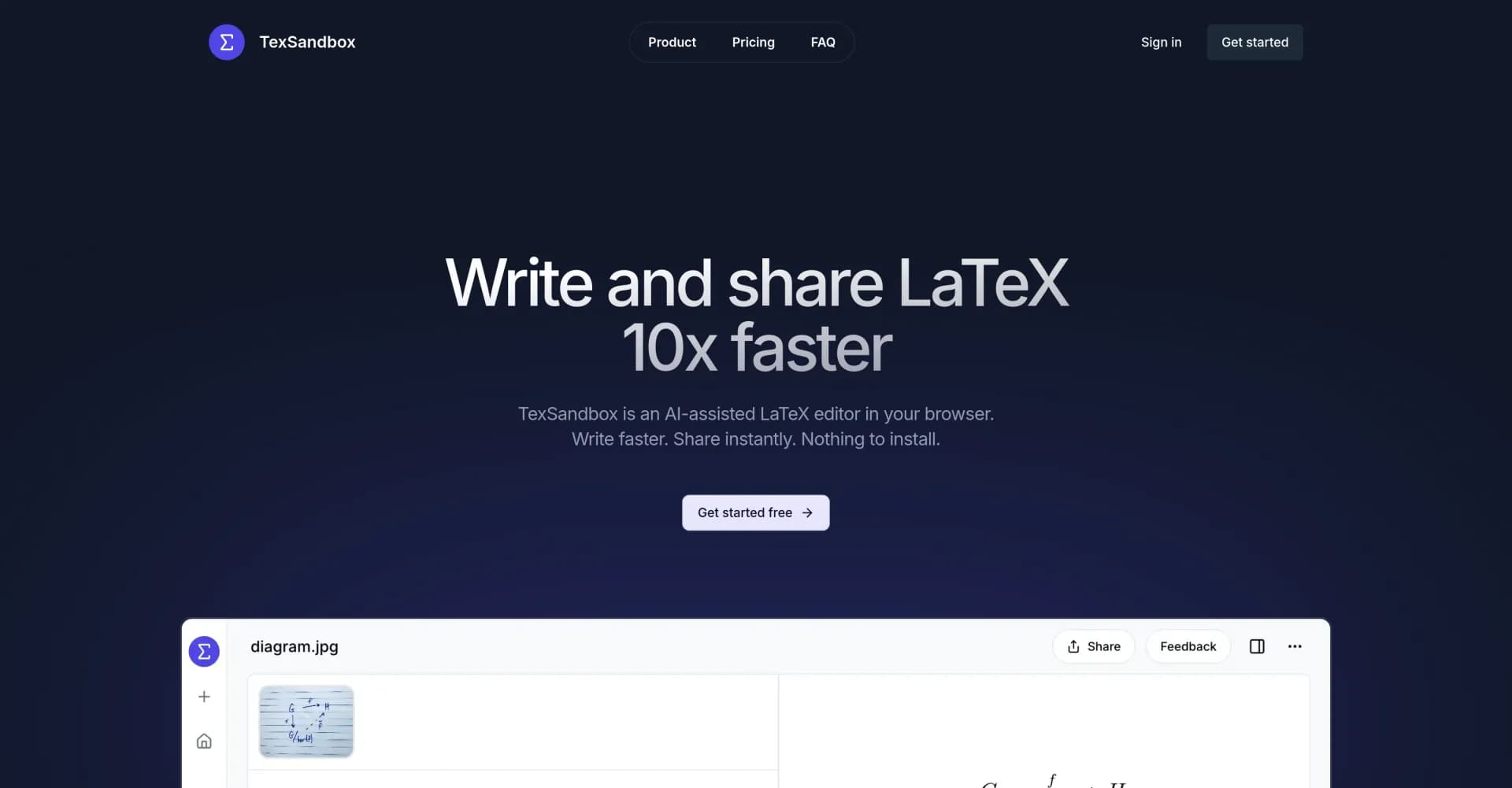 TexSandbox homepage screenshot — Write and share LaTeX 10x faster