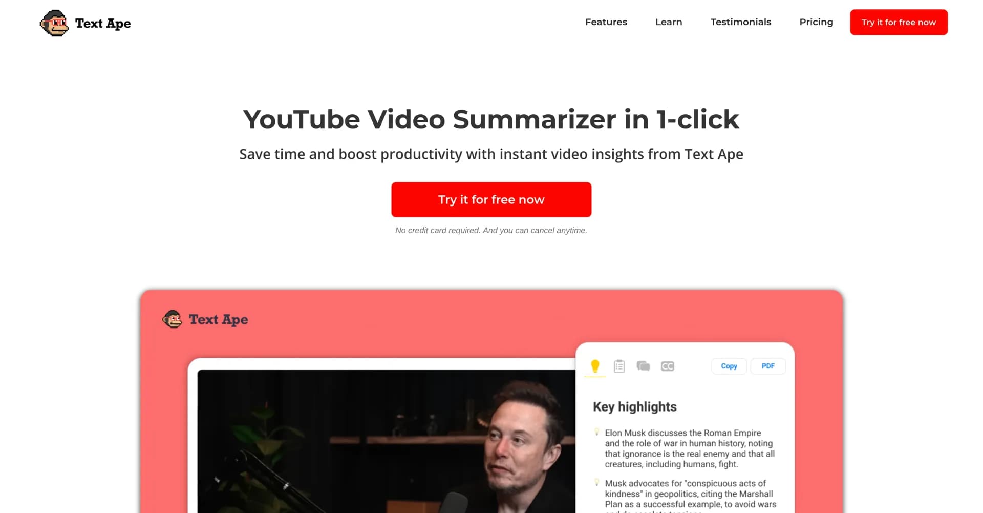 Text Ape homepage screenshot — Instant YouTube video summaries in one click.