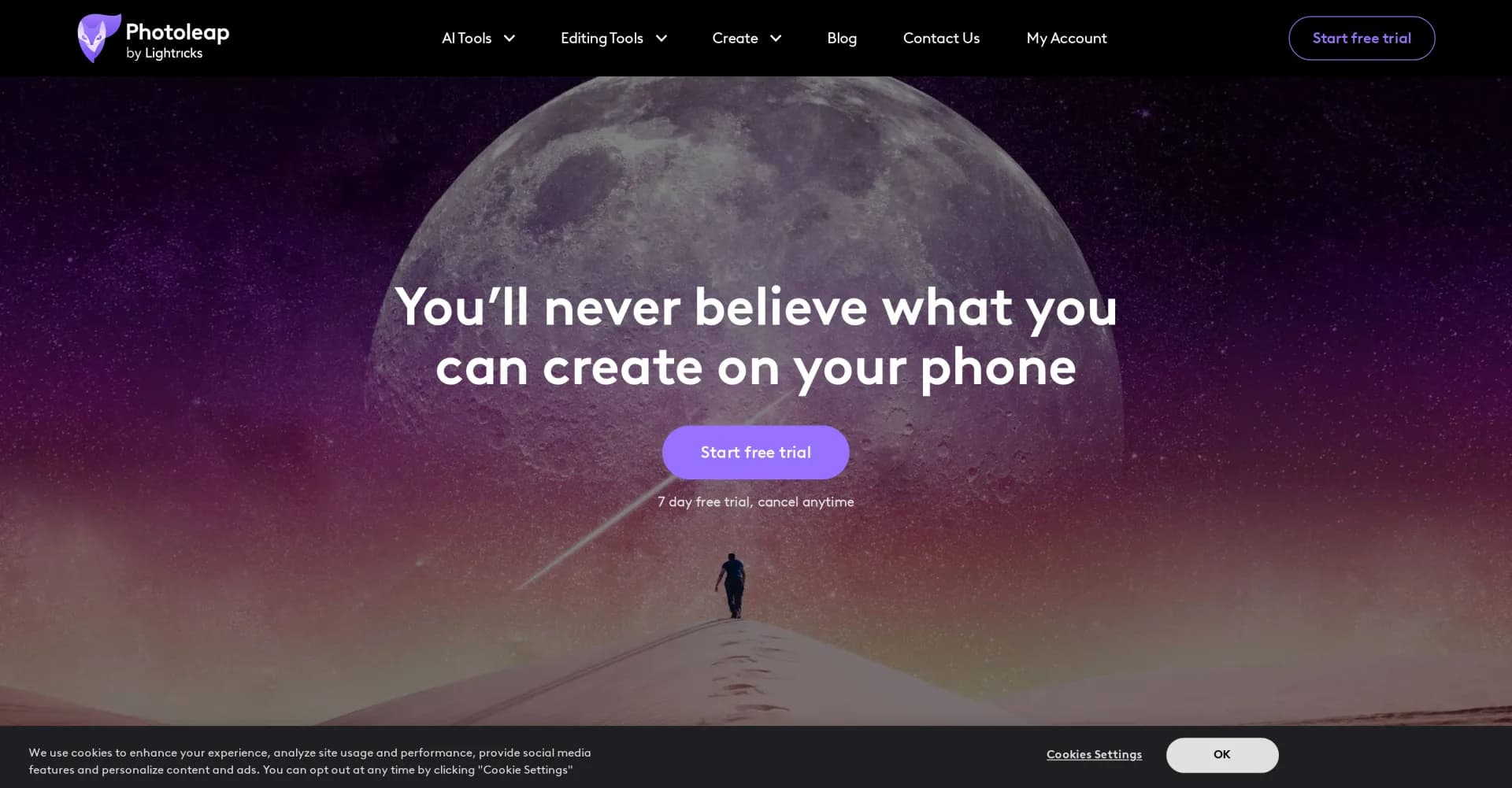 Photoleap homepage screenshot — Transform photos into stunning creations instantly.