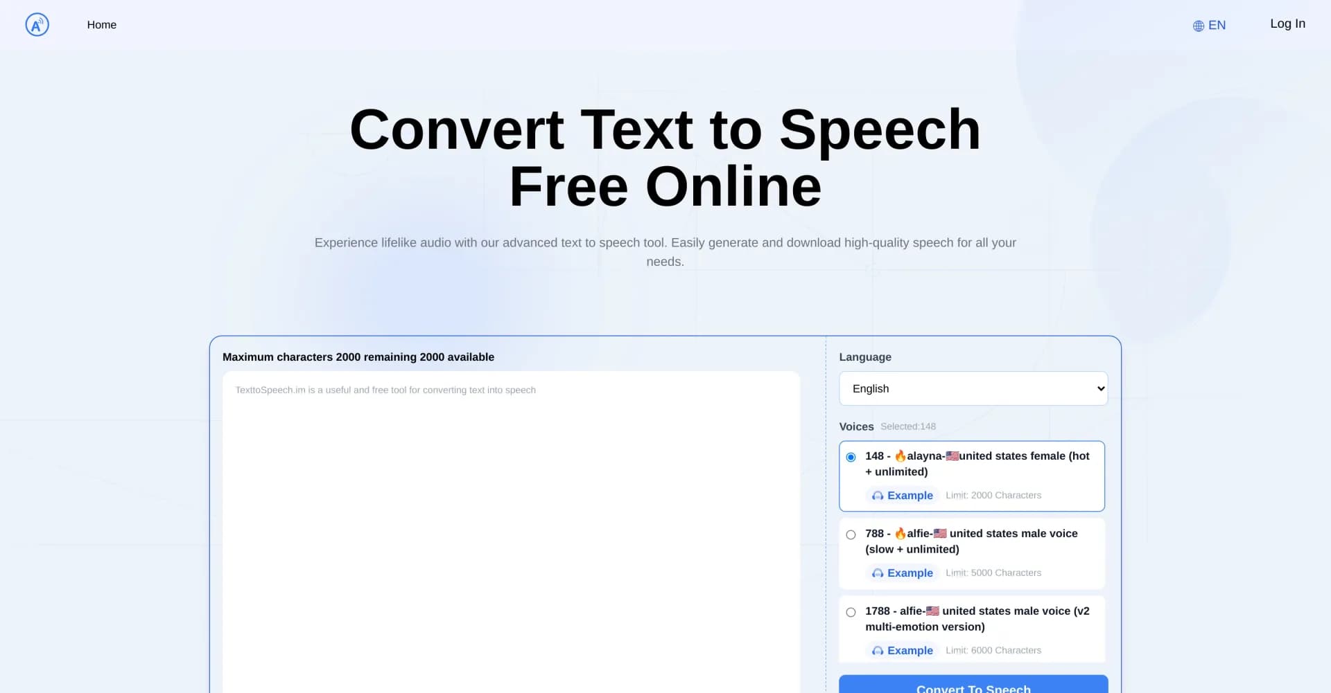 Text to Speech.im homepage screenshot — Convert text to lifelike speech effortlessly
