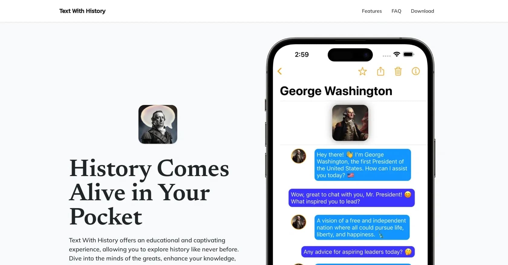 Text With History homepage screenshot — Chat with historical figures, explore the past.