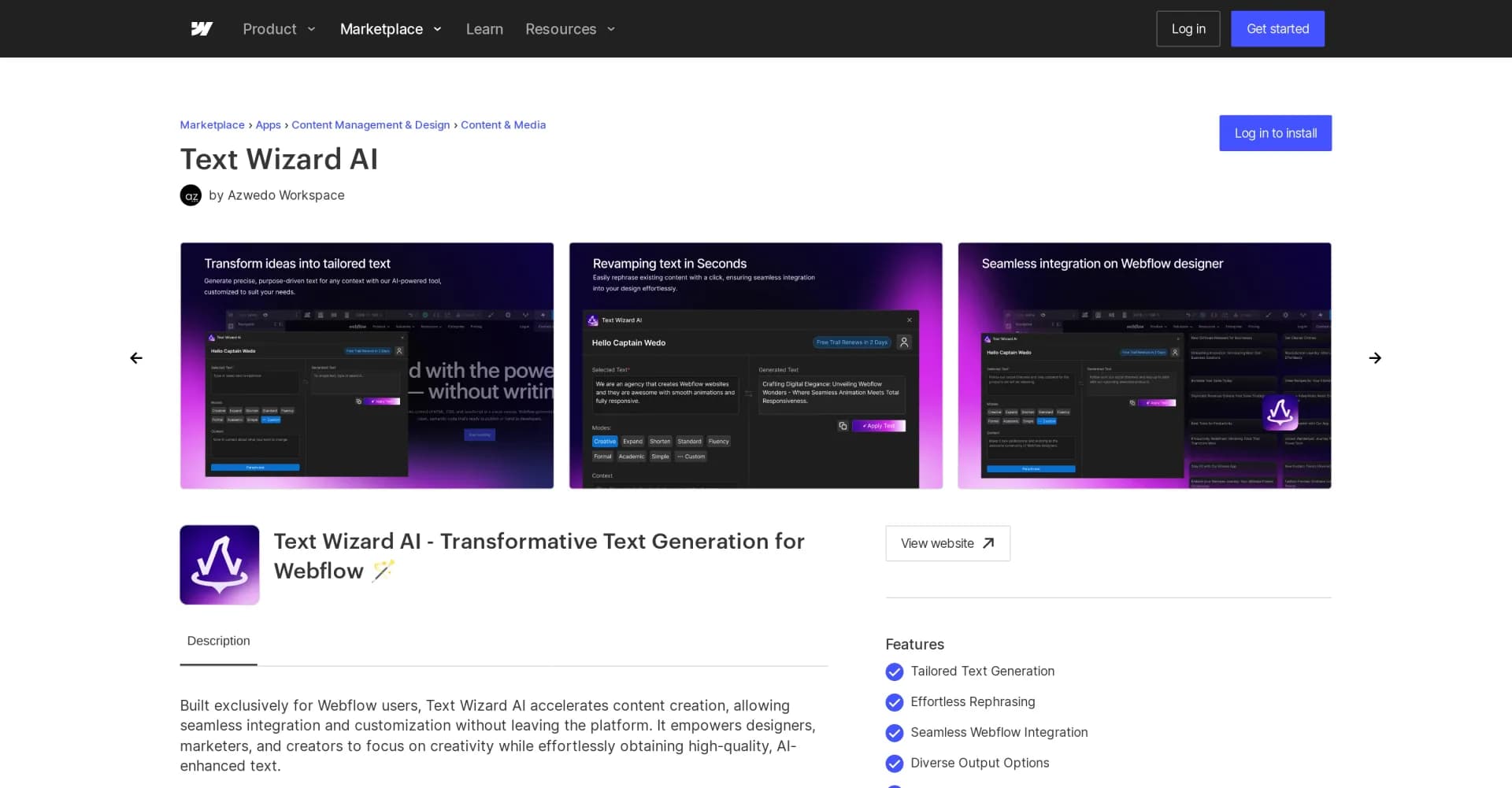 Text Wizard AI homepage screenshot — Transform ideas into tailored text with AI magic.