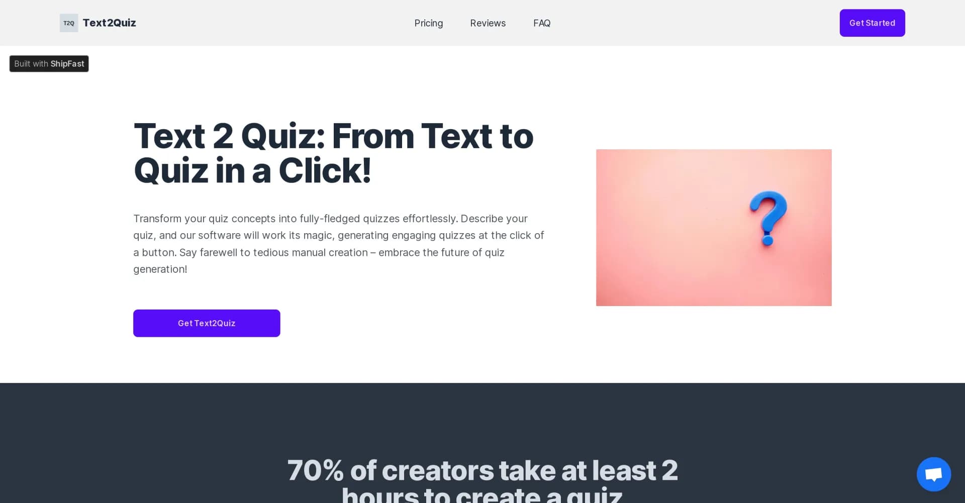 Text2Quiz homepage screenshot — Transform text into quizzes with a click