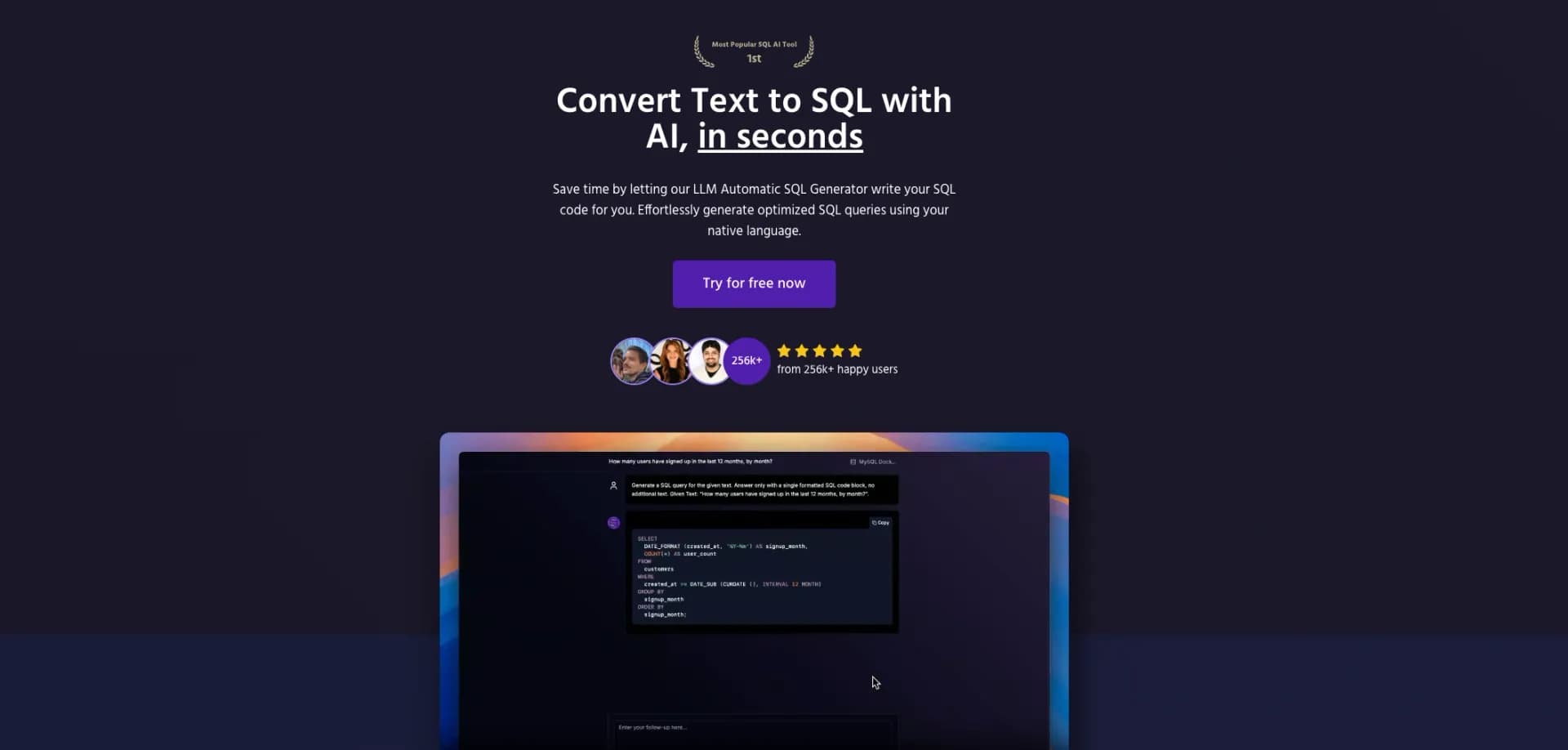 Text2SQL.ai homepage screenshot — Generate SQL queries from natural language with AI