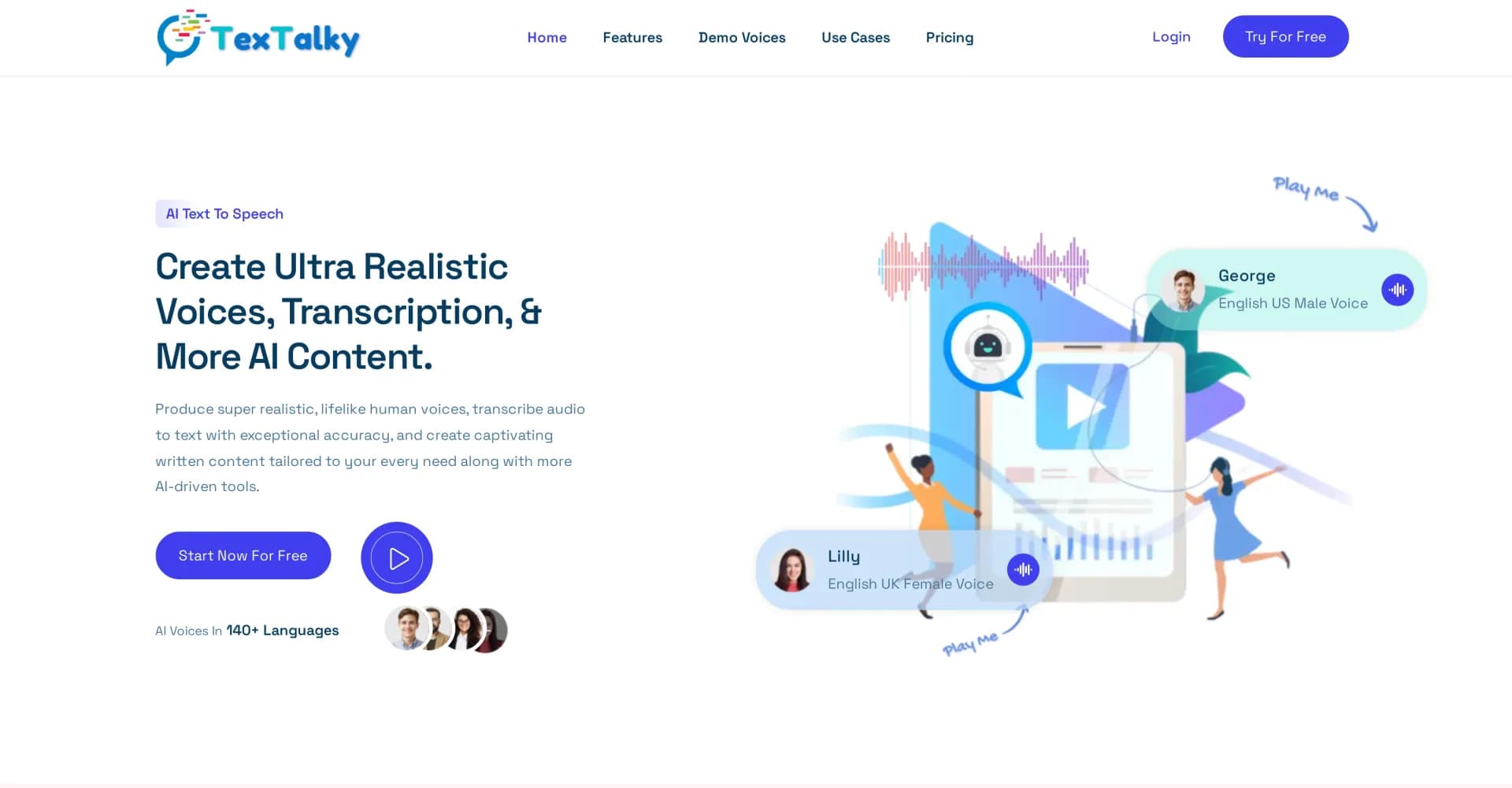 Textalky homepage screenshot — Transform text into natural human voices with AI.