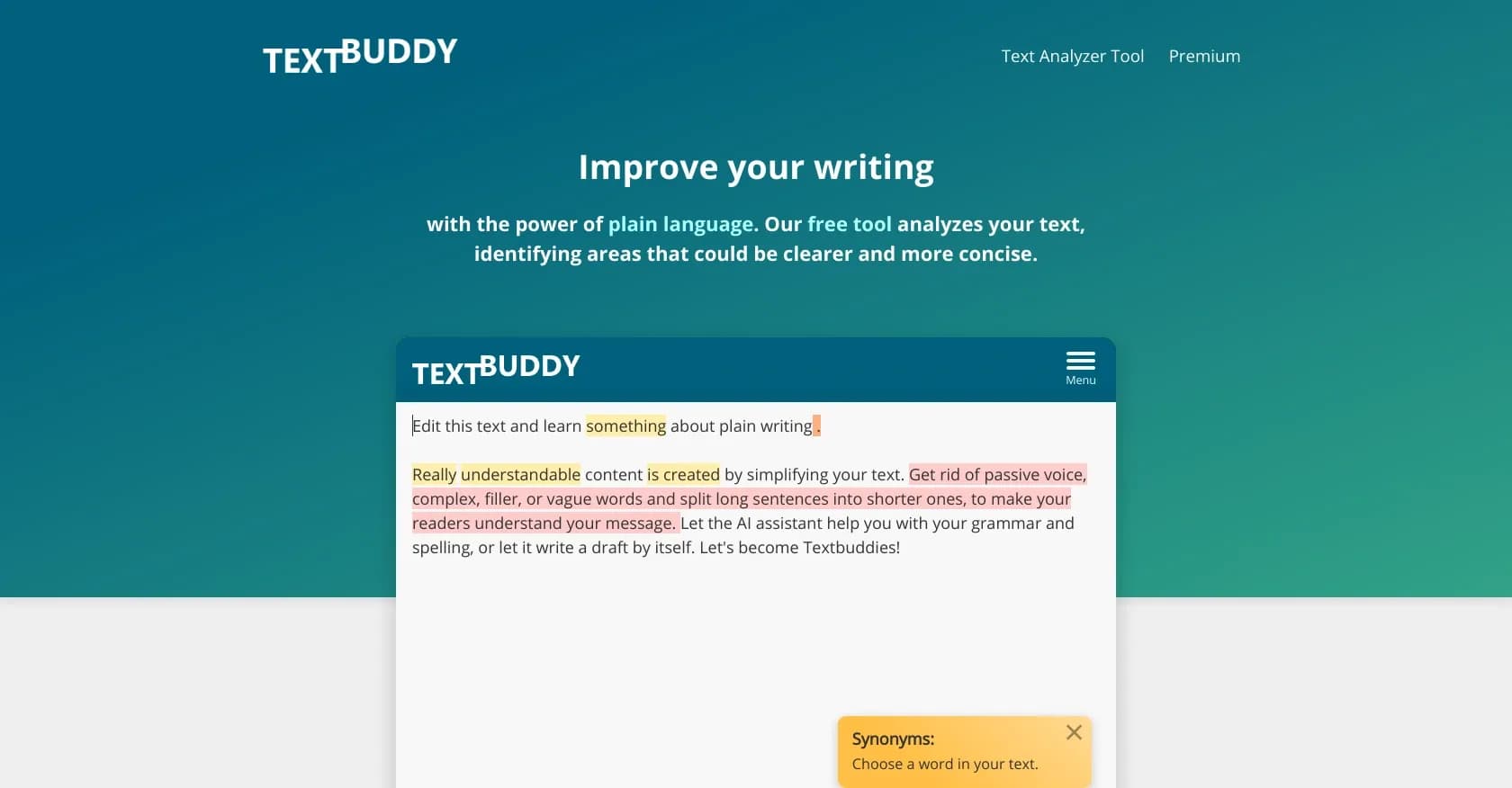 Textbuddy homepage screenshot — Improve writing clarity with plain language analysis.