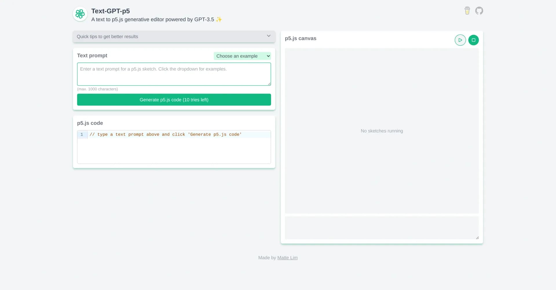 Textgptp5 homepage screenshot — Turn text into p5.js code with GPT.