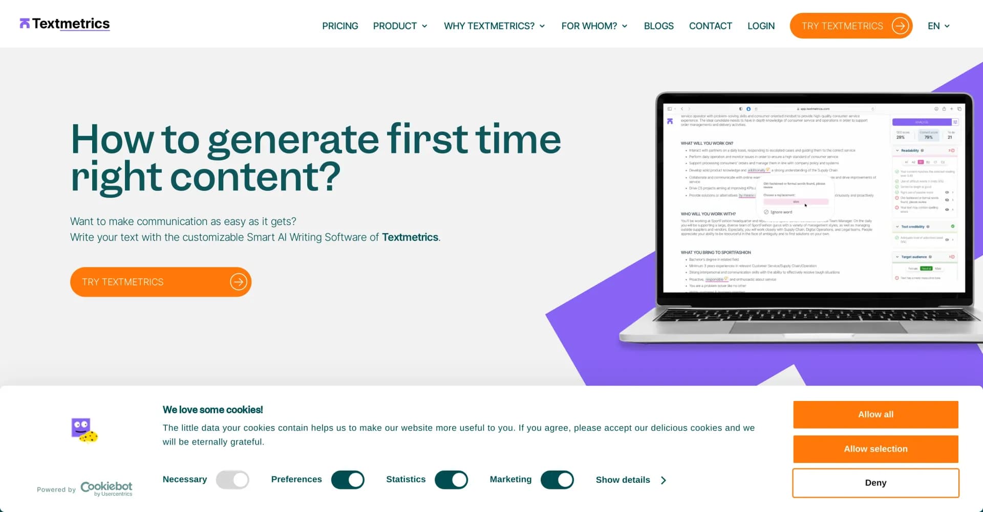 Textmetrics homepage screenshot — AI-powered writing assistant for high-quality, inclusive con