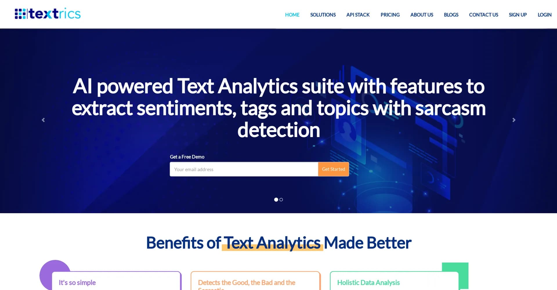 Textrics homepage screenshot — Unveil text emotions, sentiments, and insights with AI preci